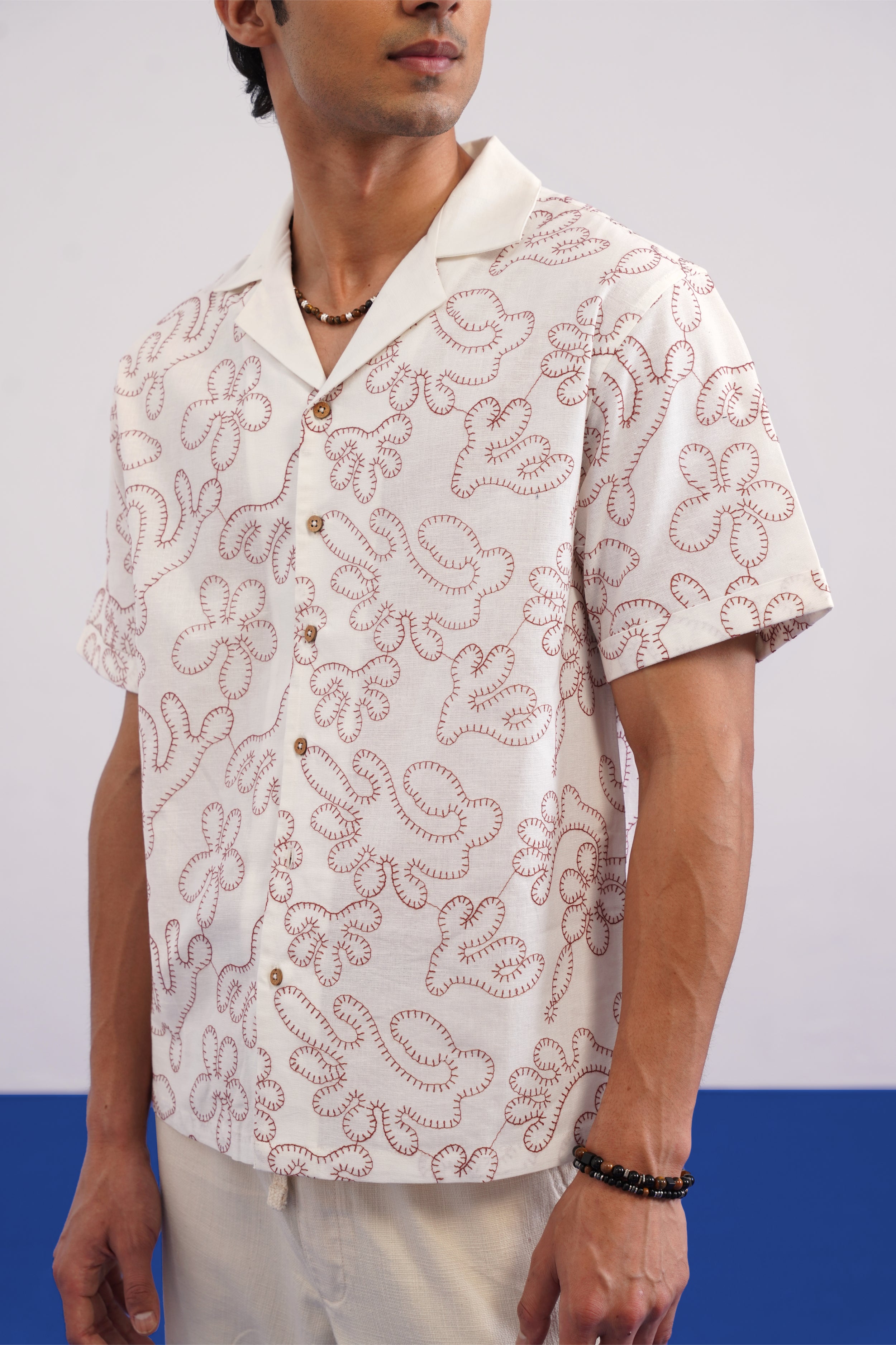 CORAL DRIFT COTTON LINEN SHIRT - SALT/CORAL RED
