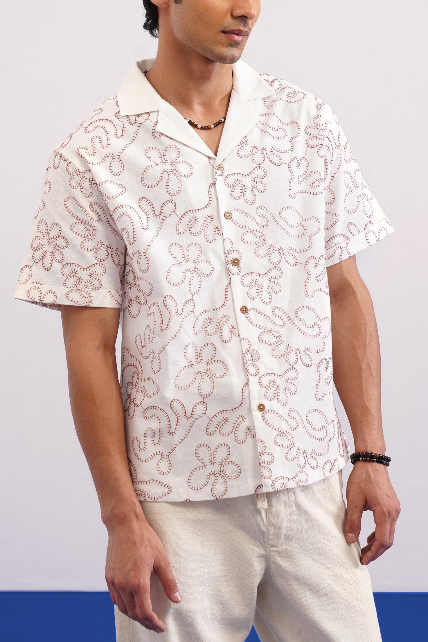 CORAL DRIFT COTTON LINEN SHIRT - SALT/CORAL RED