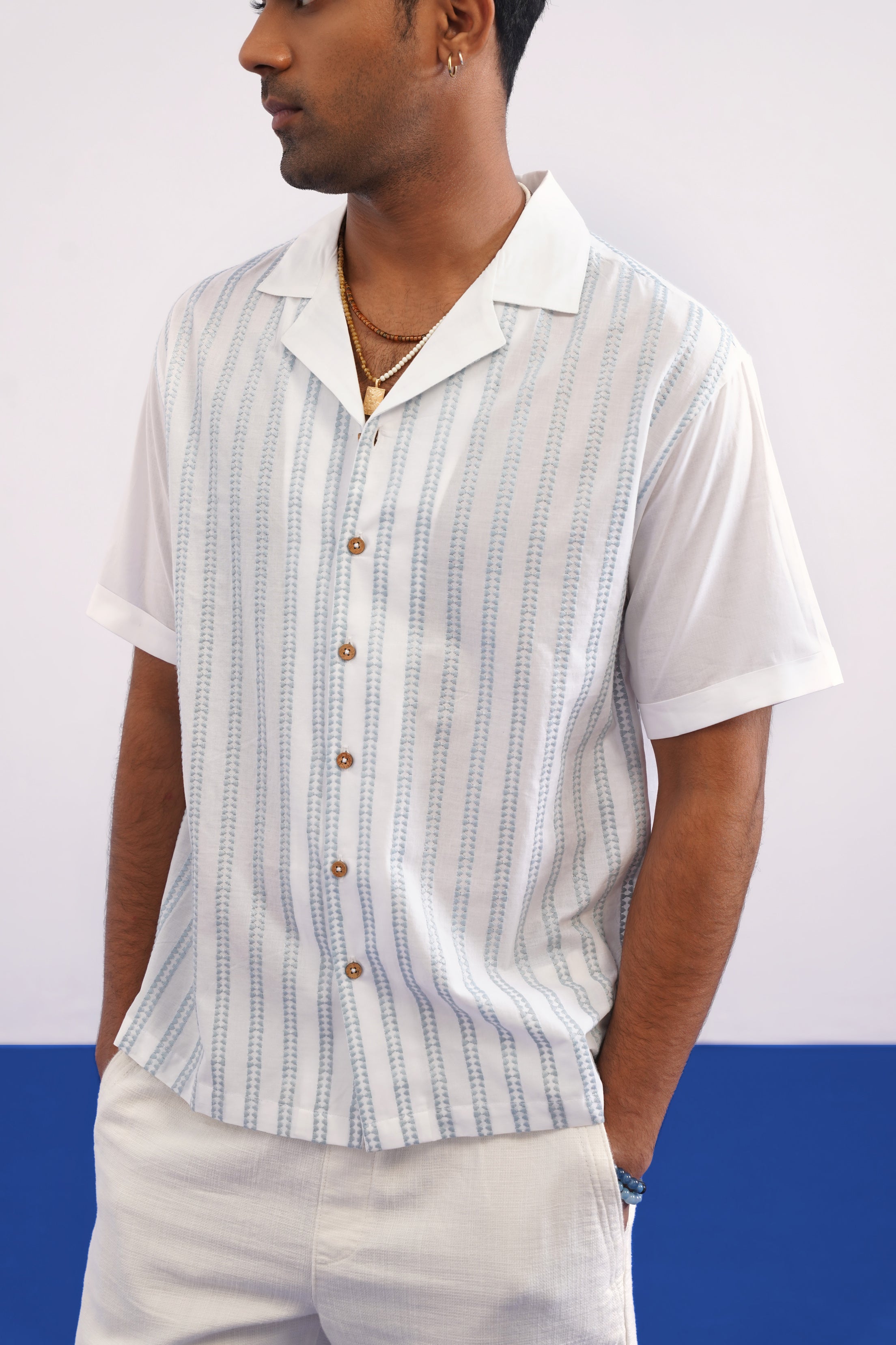 SKYTRAIL COTTON SHIRT - SALT/SKY BLUE