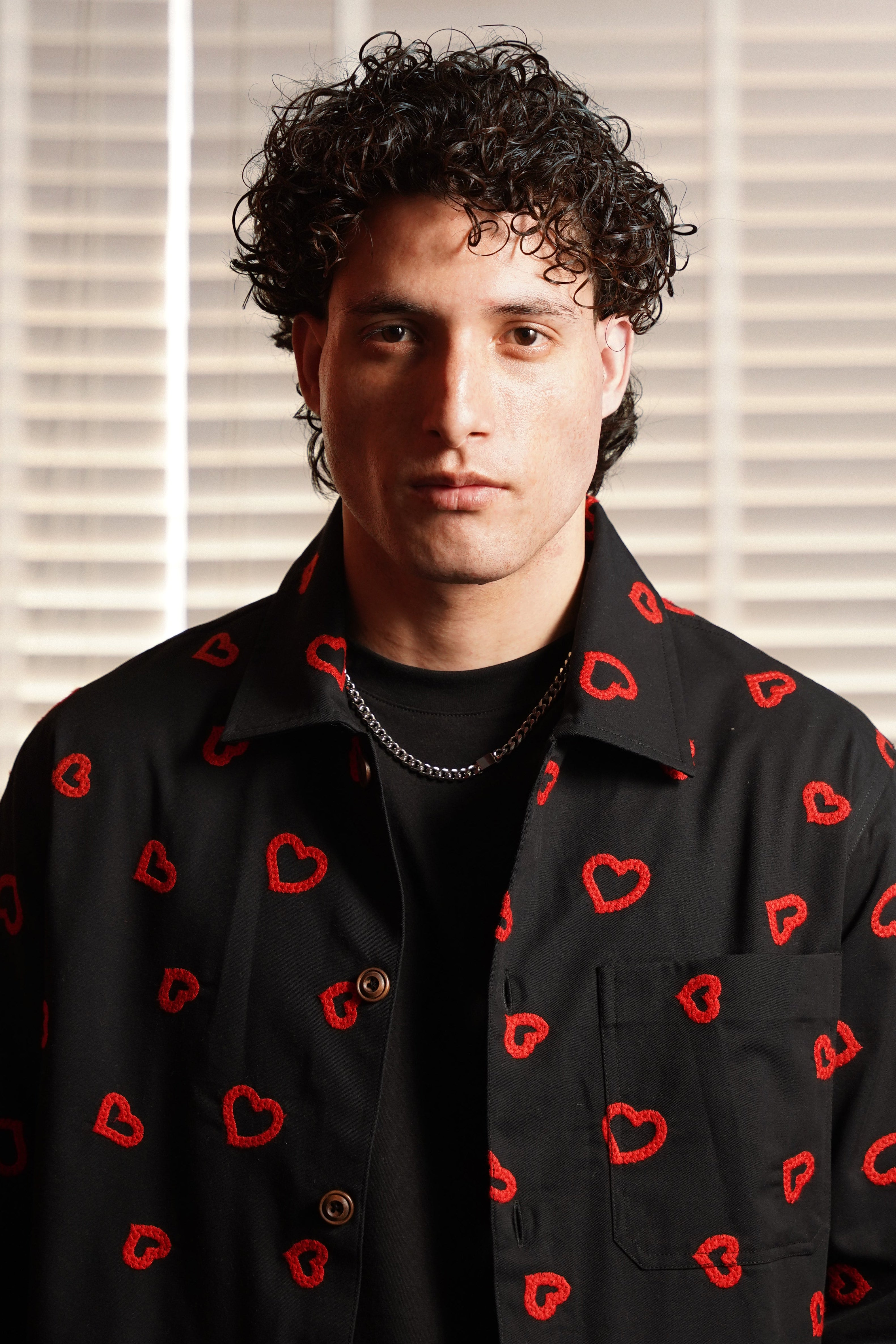 Winter Hearts Oversized Shacket (Black with Red Hearts Embroidery)