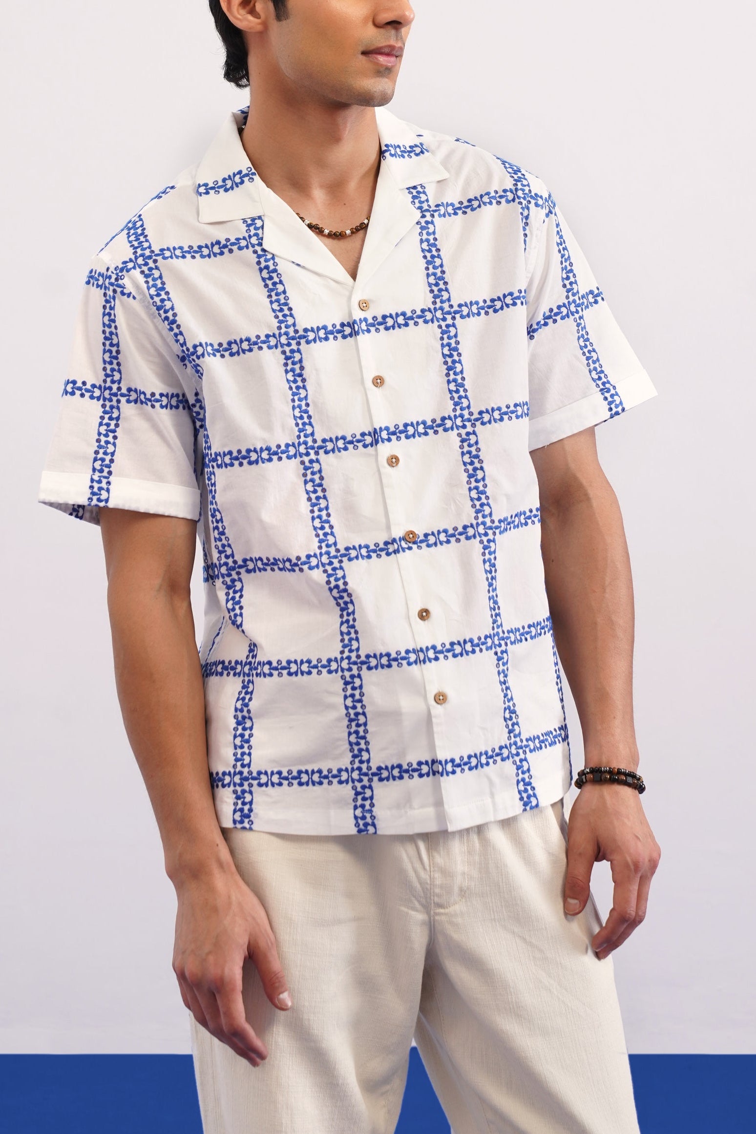 CABANA BLOOM COTTON SHIRT - SALT/COBALT BLUE