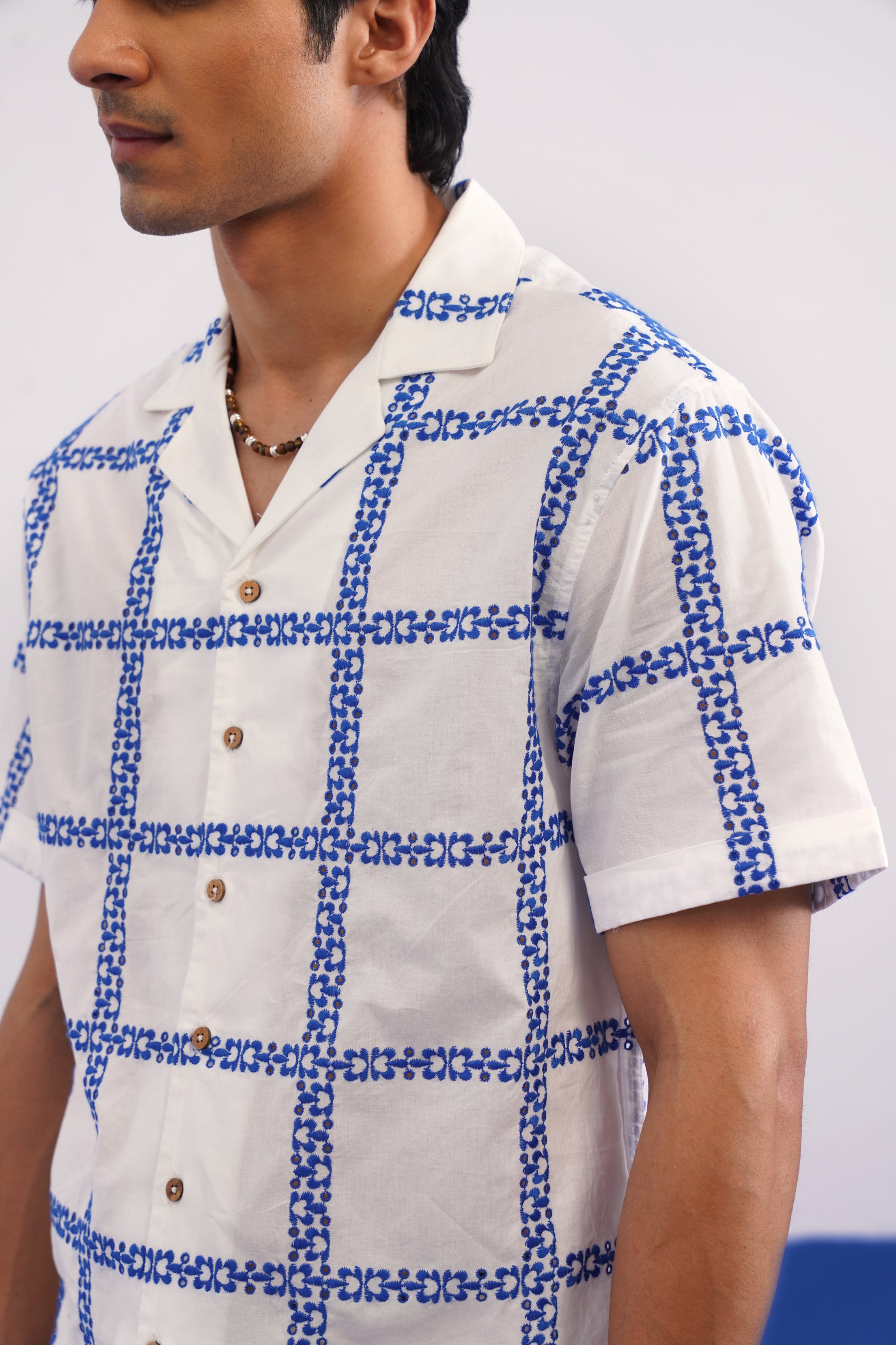 CABANA BLOOM COTTON SHIRT - SALT/COBALT BLUE