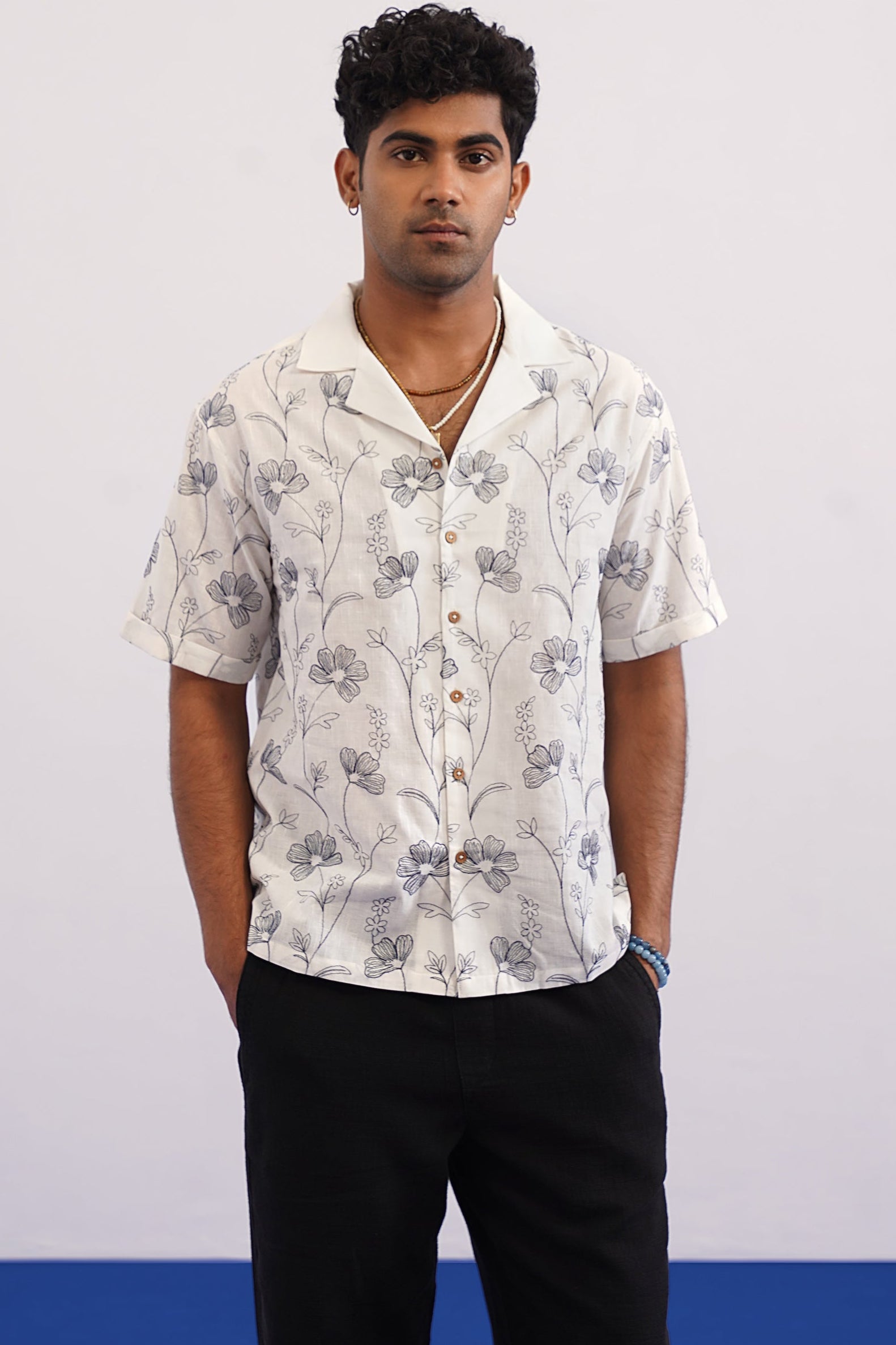 INK MEADOW COTTON LINEN SHIRT - SALT/MIDNIGHT BLACK