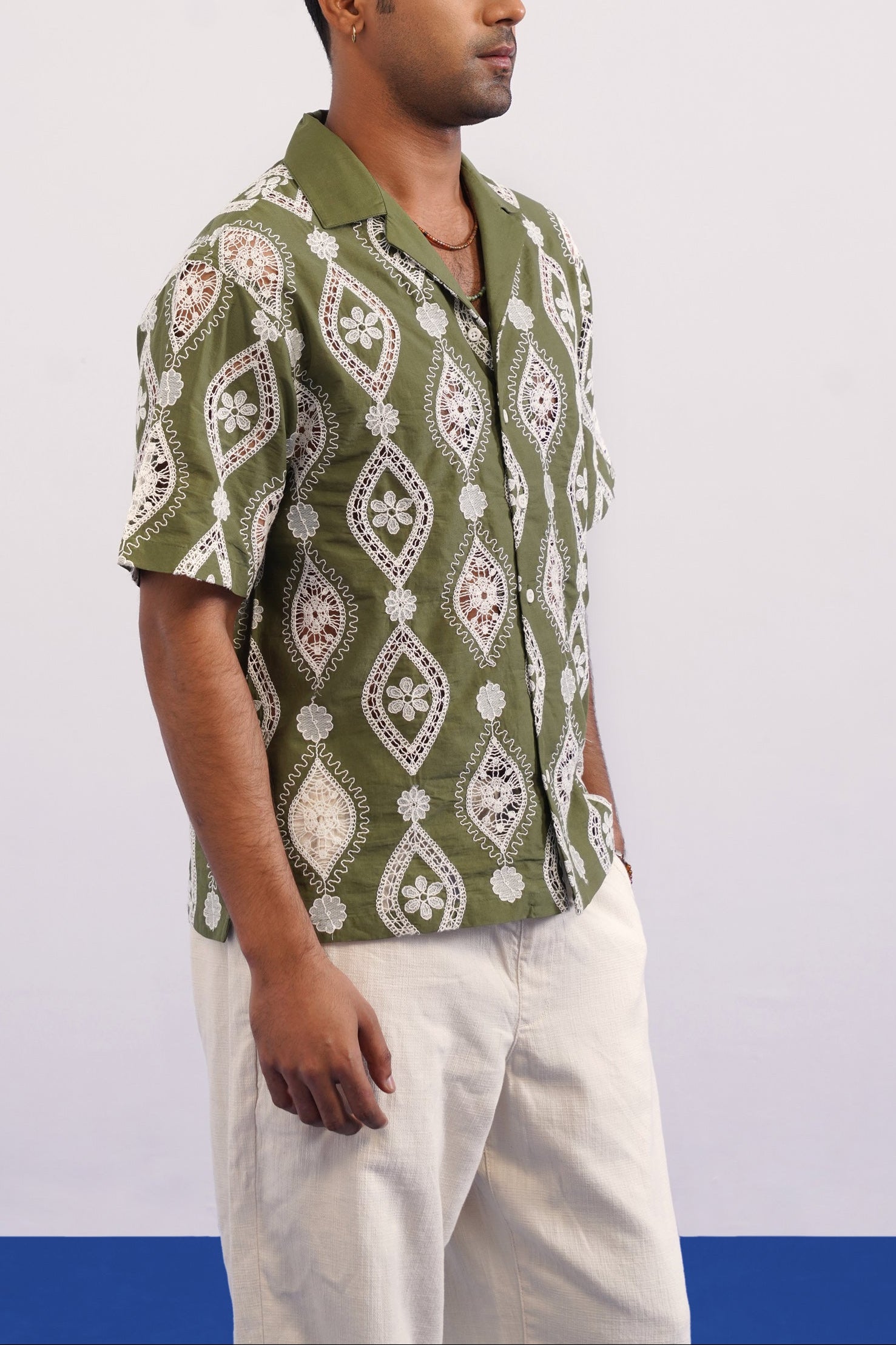 OASIS MEDALLION COTTON CUTWORK SHIRT - PALM OLIVE
