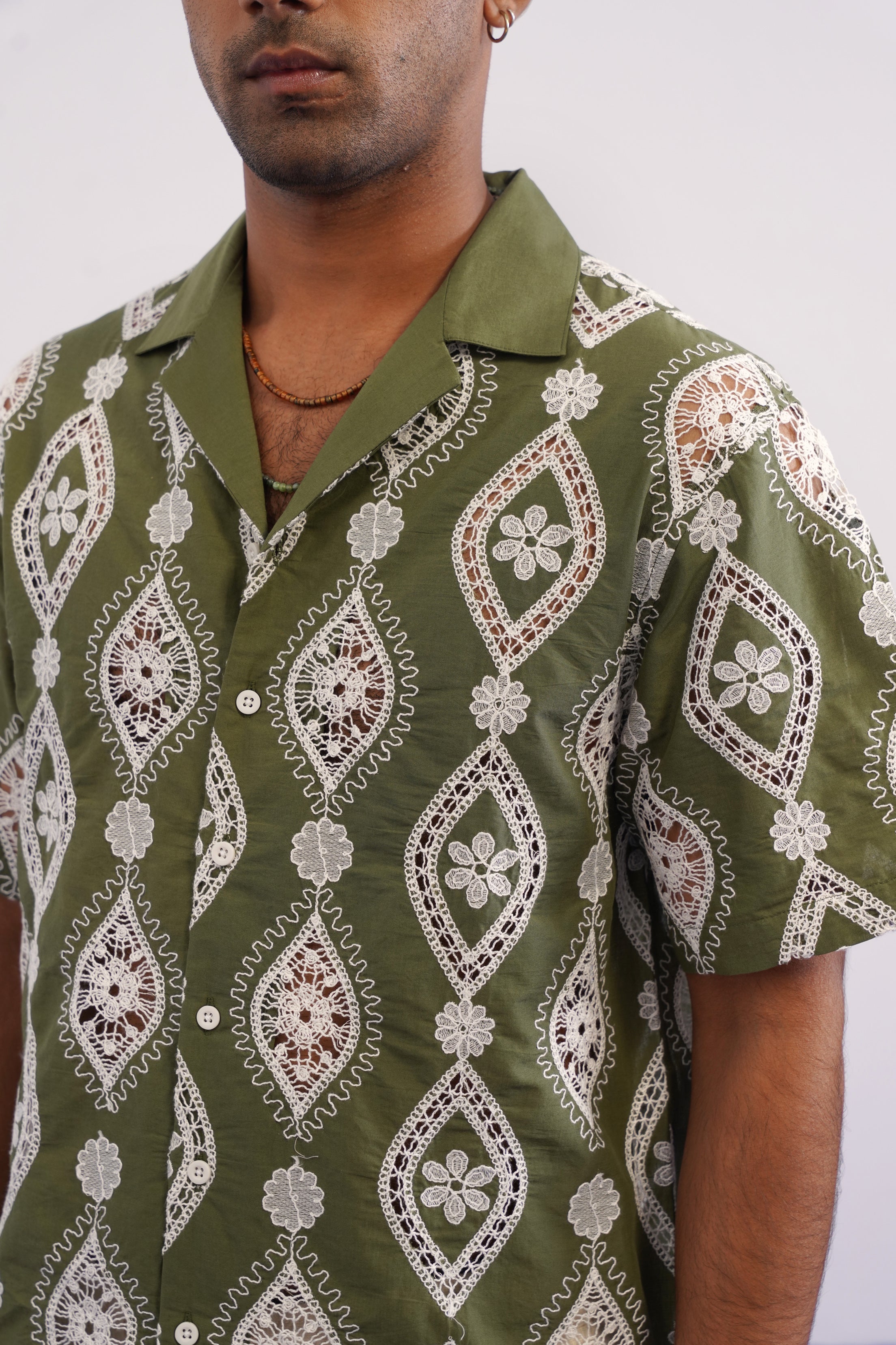 OASIS MEDALLION COTTON CUTWORK SHIRT - PALM OLIVE