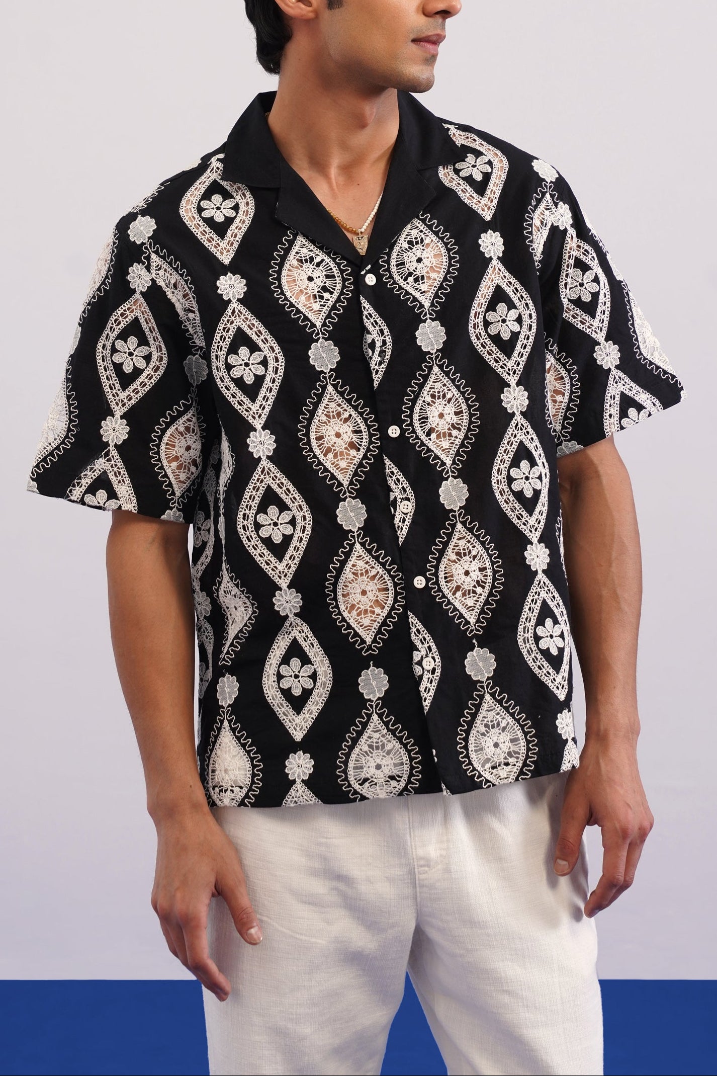 OASIS MEDALLION COTTON CUTWORK SHIRT - MIDNIGHT BLACK