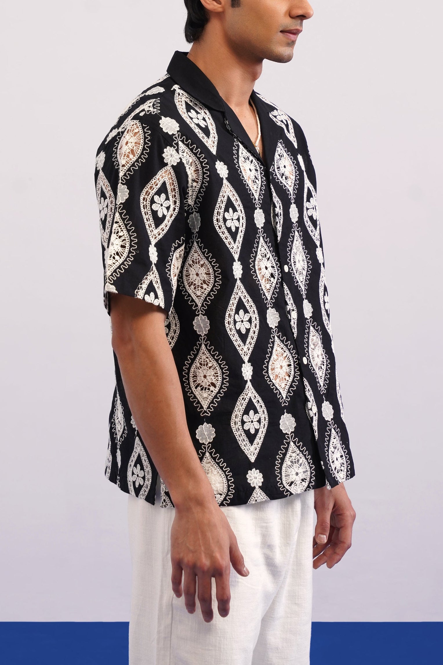 OASIS MEDALLION COTTON CUTWORK SHIRT - MIDNIGHT BLACK