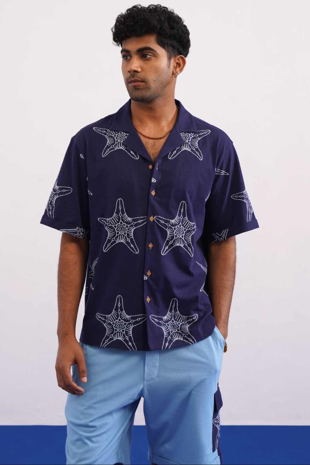 MARINER STAR COTTON KNIT SHIRT - DARK INDIGO/SKY BLUE