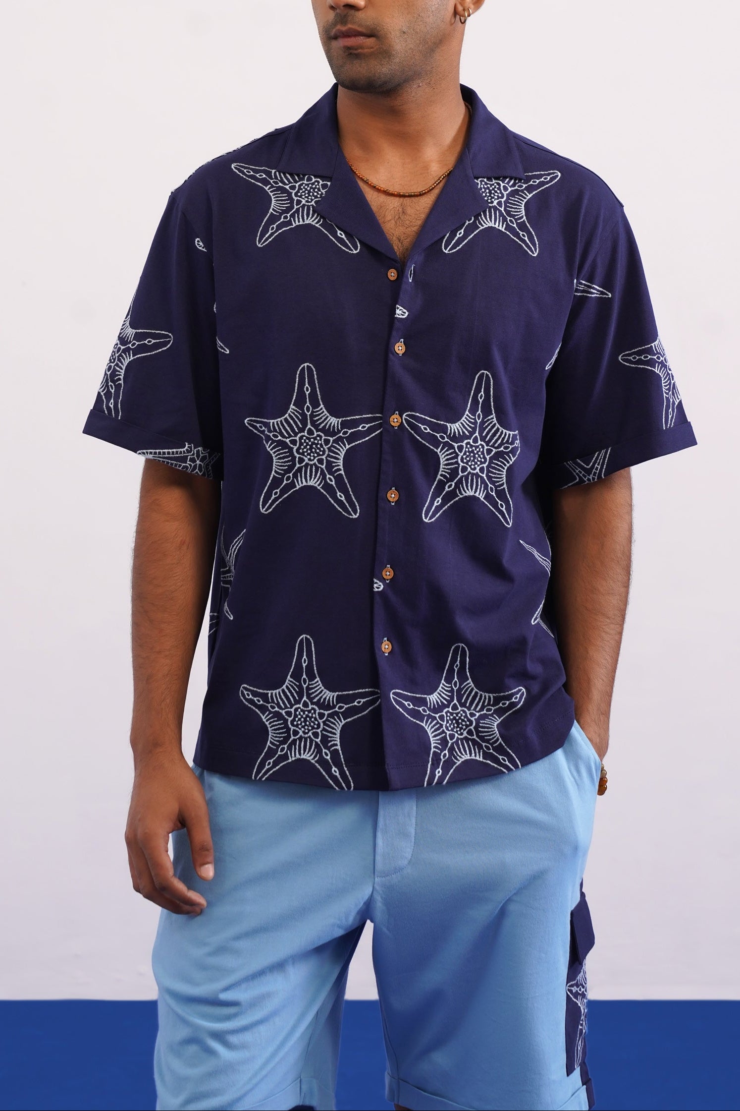 MARINER STAR COTTON KNIT SHIRT - DARK INDIGO/SKY BLUE