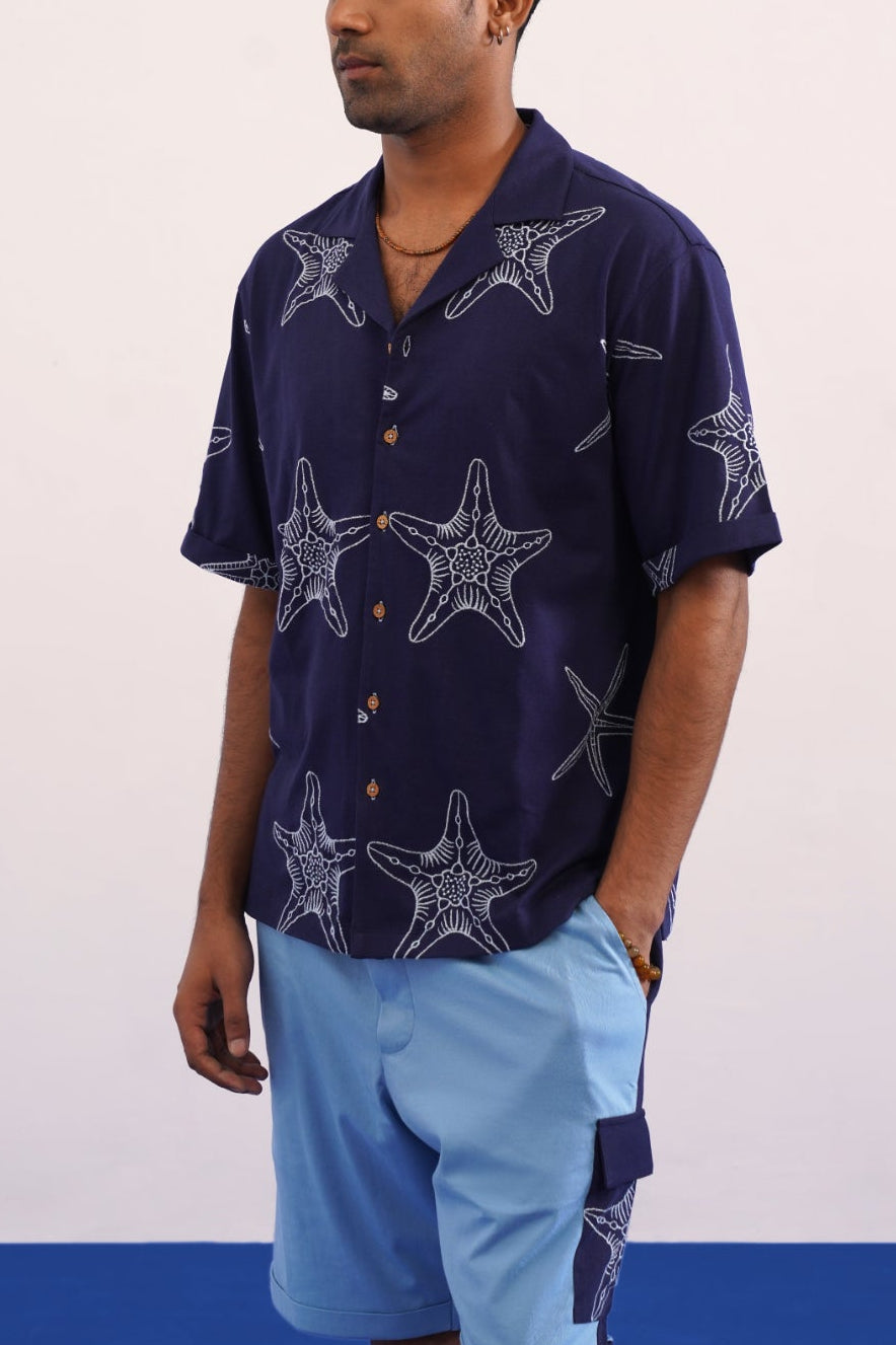 MARINER STAR COTTON KNIT SHIRT - DARK INDIGO/SKY BLUE