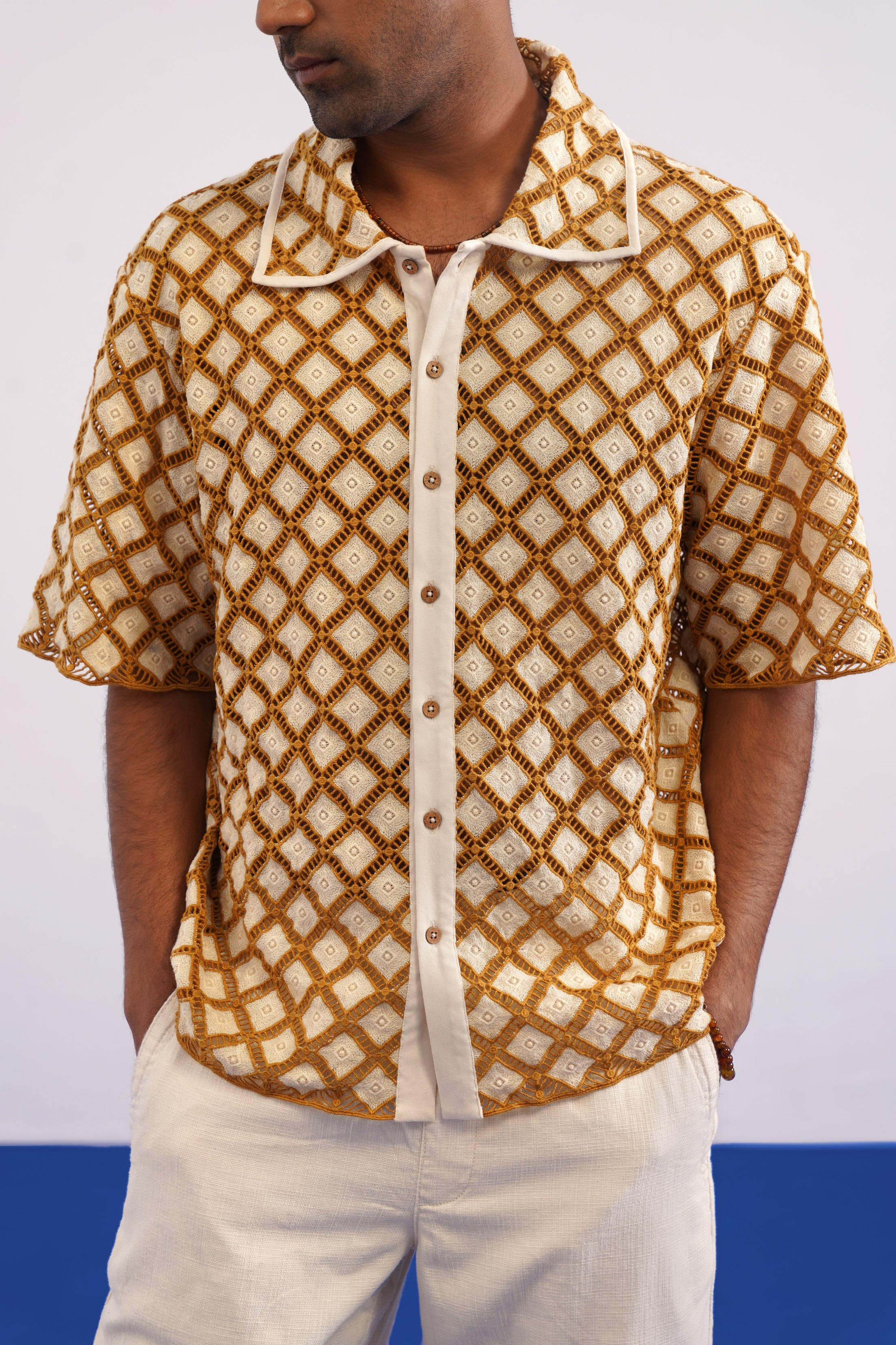 SOLANA LATTICE GUIPURE SHIRT - DUNE GOLD