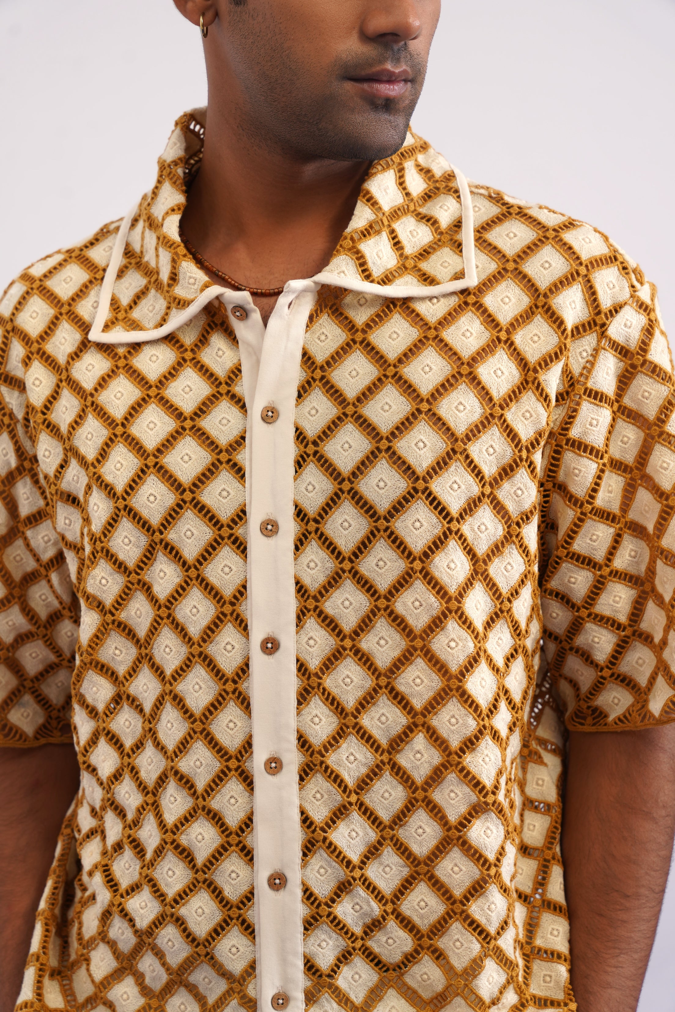 SOLANA LATTICE GUIPURE SHIRT - DUNE GOLD