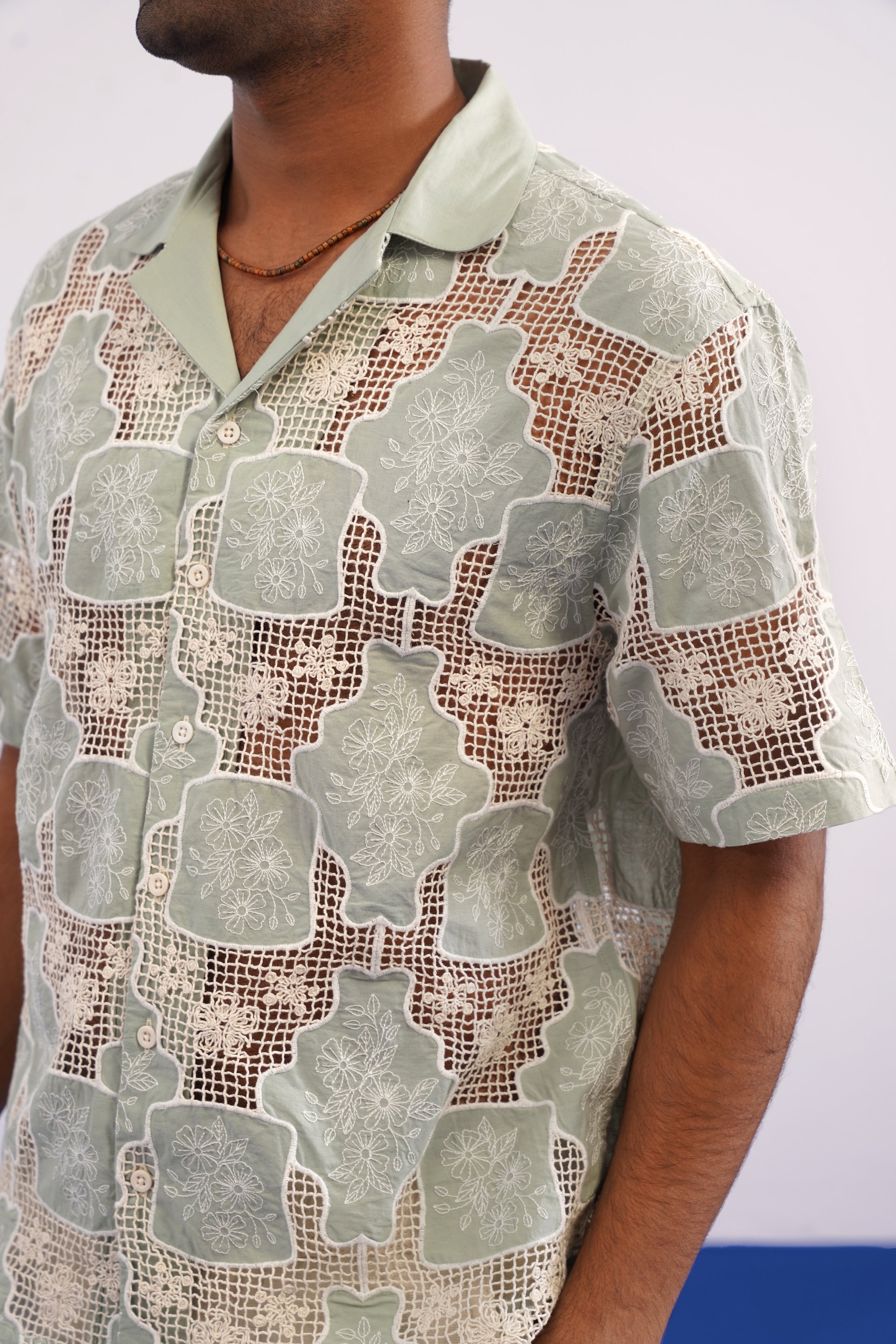 TRELLIS BLOOM COTTON CUTWORK SHIRT - SEA SAGE