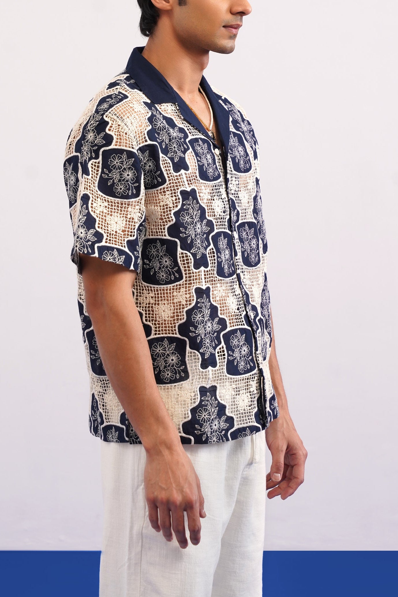 TRELLIS BLOOM COTTON CUTWORK SHIRT - MIDNIGHT NAVY