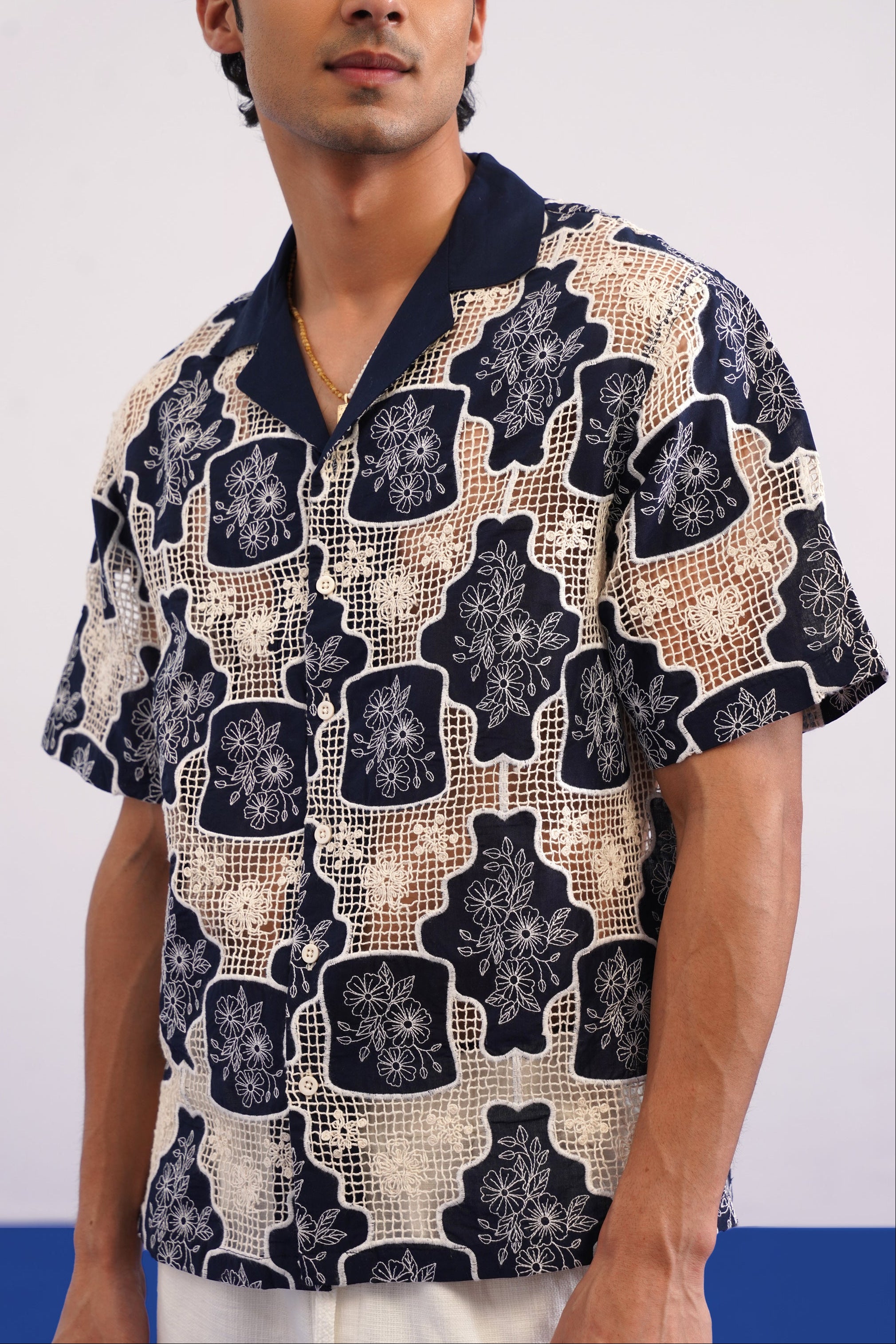 TRELLIS BLOOM COTTON CUTWORK SHIRT - MIDNIGHT NAVY