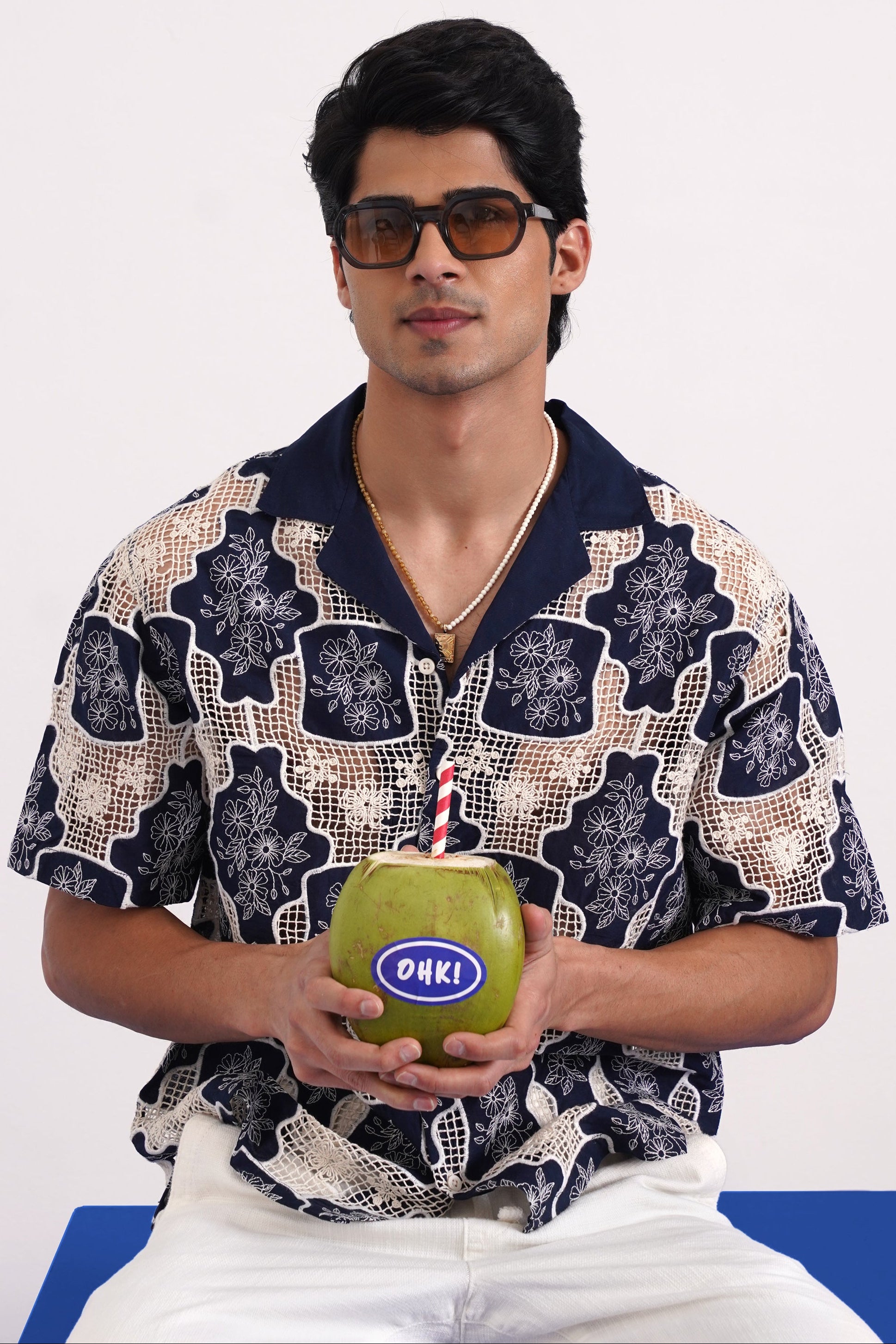 TRELLIS BLOOM COTTON CUTWORK SHIRT - MIDNIGHT NAVY