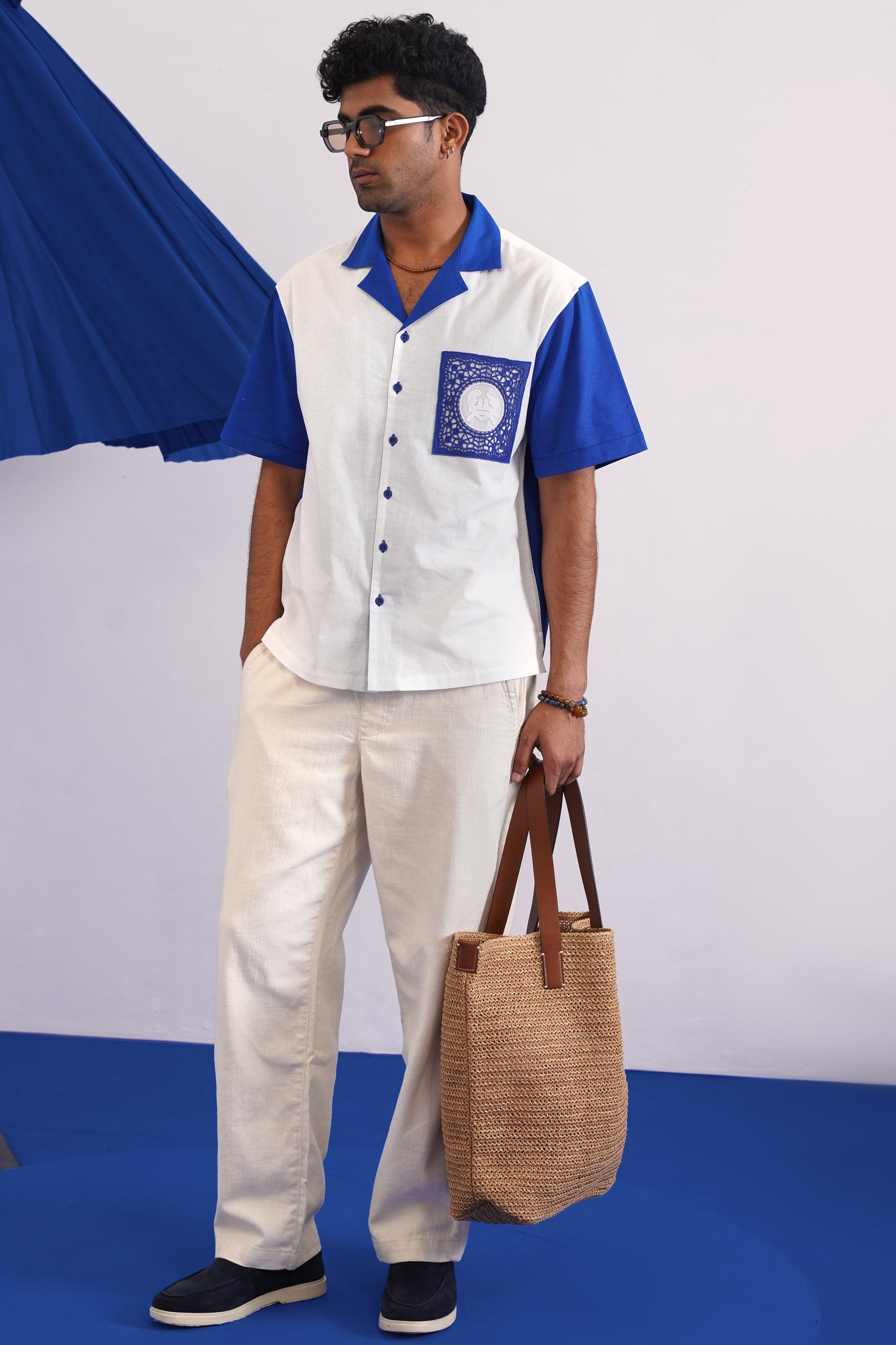 PORTSIDE GUIPURE PATCH SHIRT - SALT/POLYNESIAN BLUE