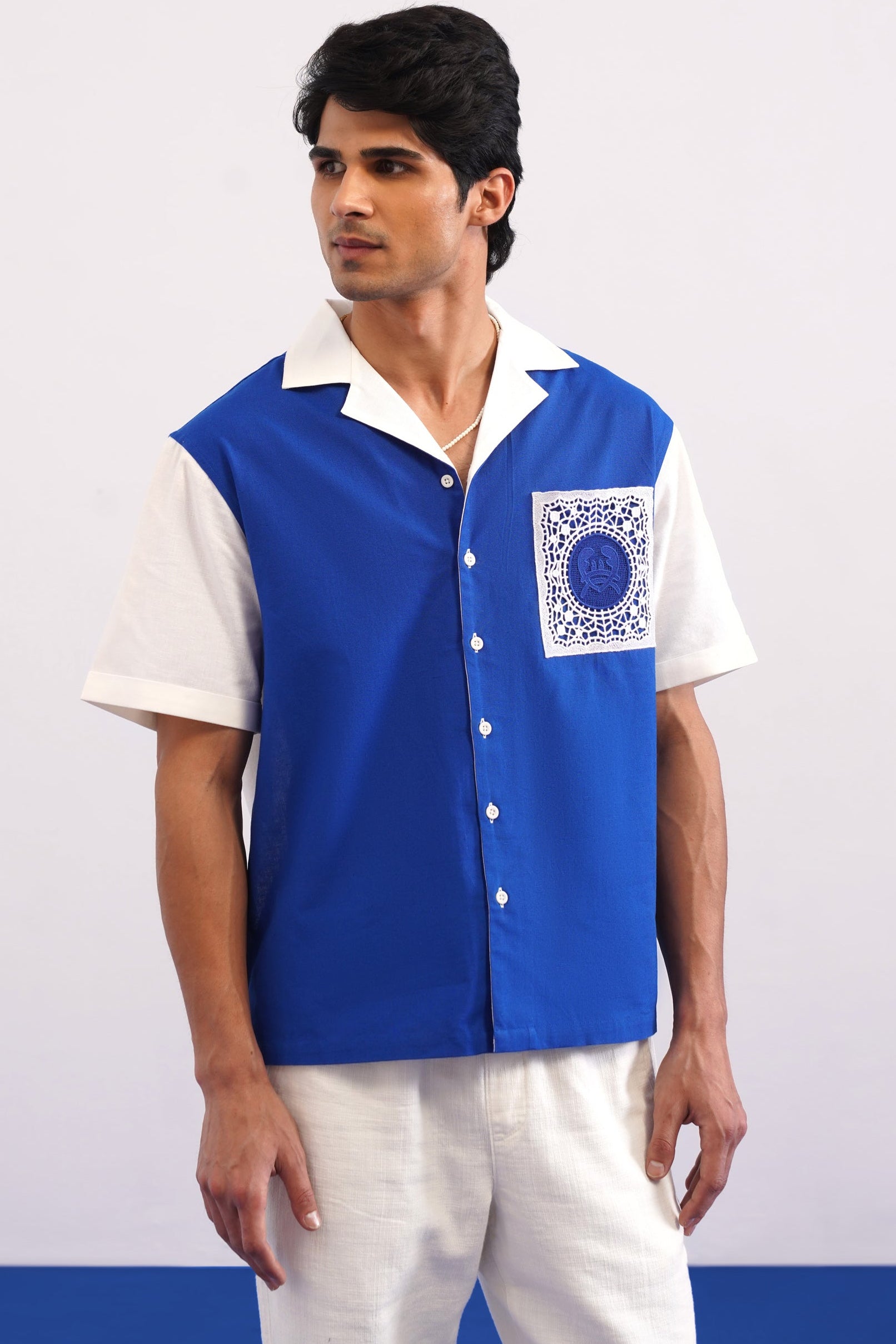 PORTSIDE GUIPURE PATCH SHIRT - POLYNESIAN BLUE/SALT