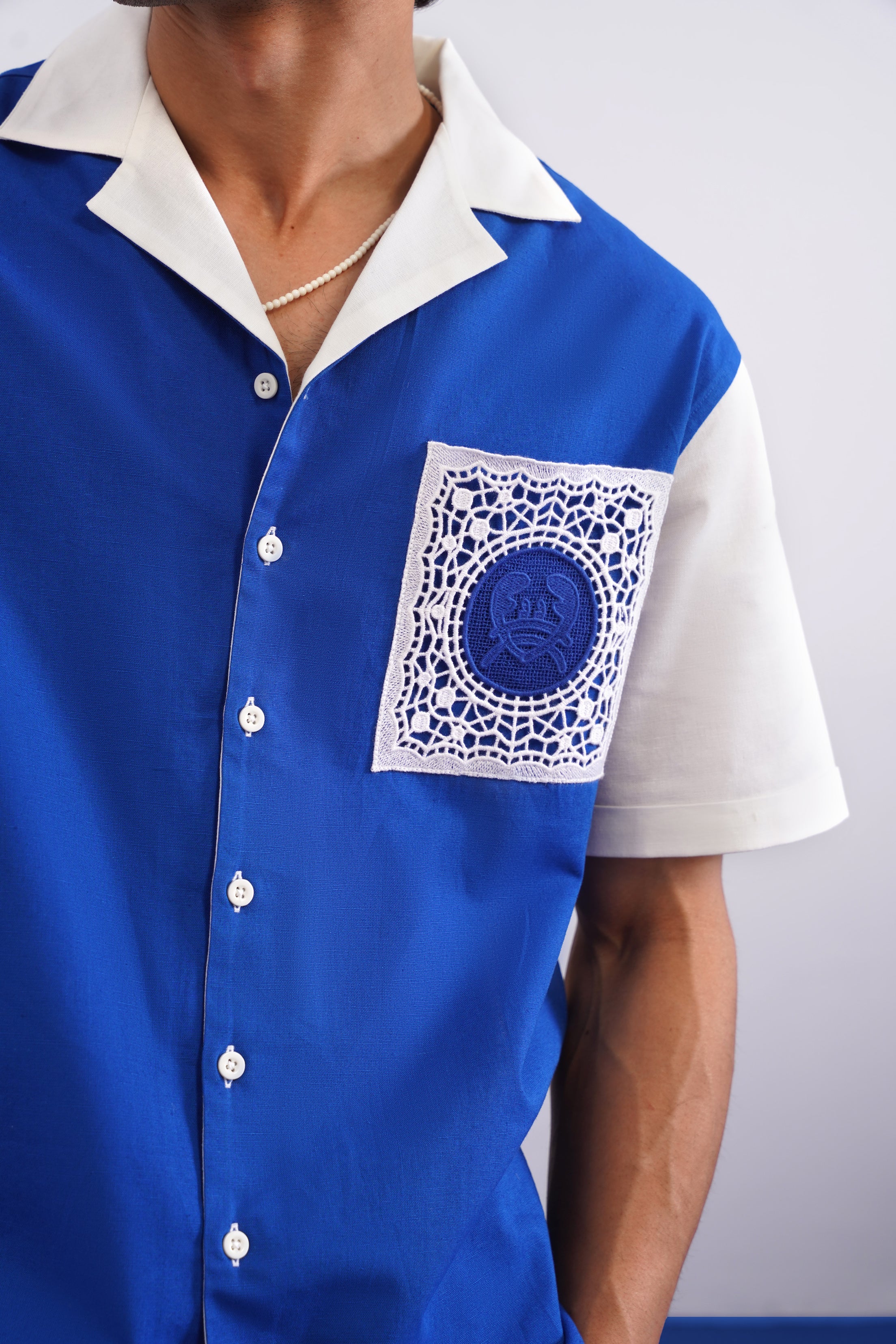 PORTSIDE GUIPURE PATCH SHIRT - POLYNESIAN BLUE/SALT