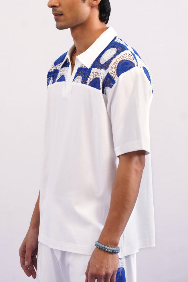KRAB CREST GUIPURE COTTON KNIT T-SHIRT - COBALT PEARL