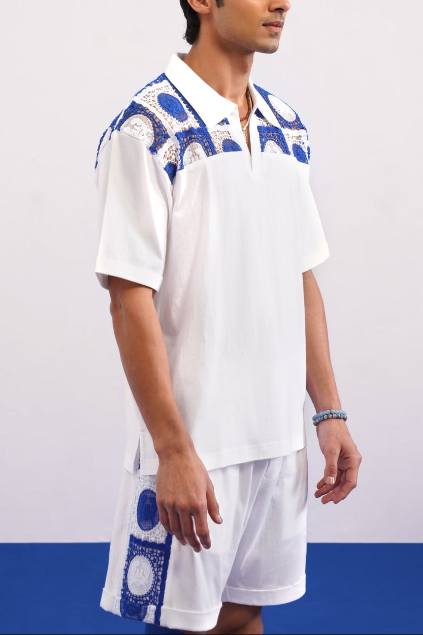 KRAB CREST GUIPURE COTTON KNIT T-SHIRT - COBALT PEARL