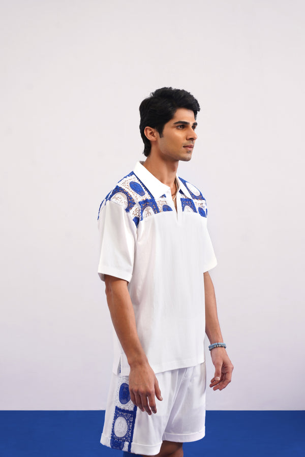 KRAB CREST GUIPURE COTTON KNIT CO-ORD SET - COBALT PEARL