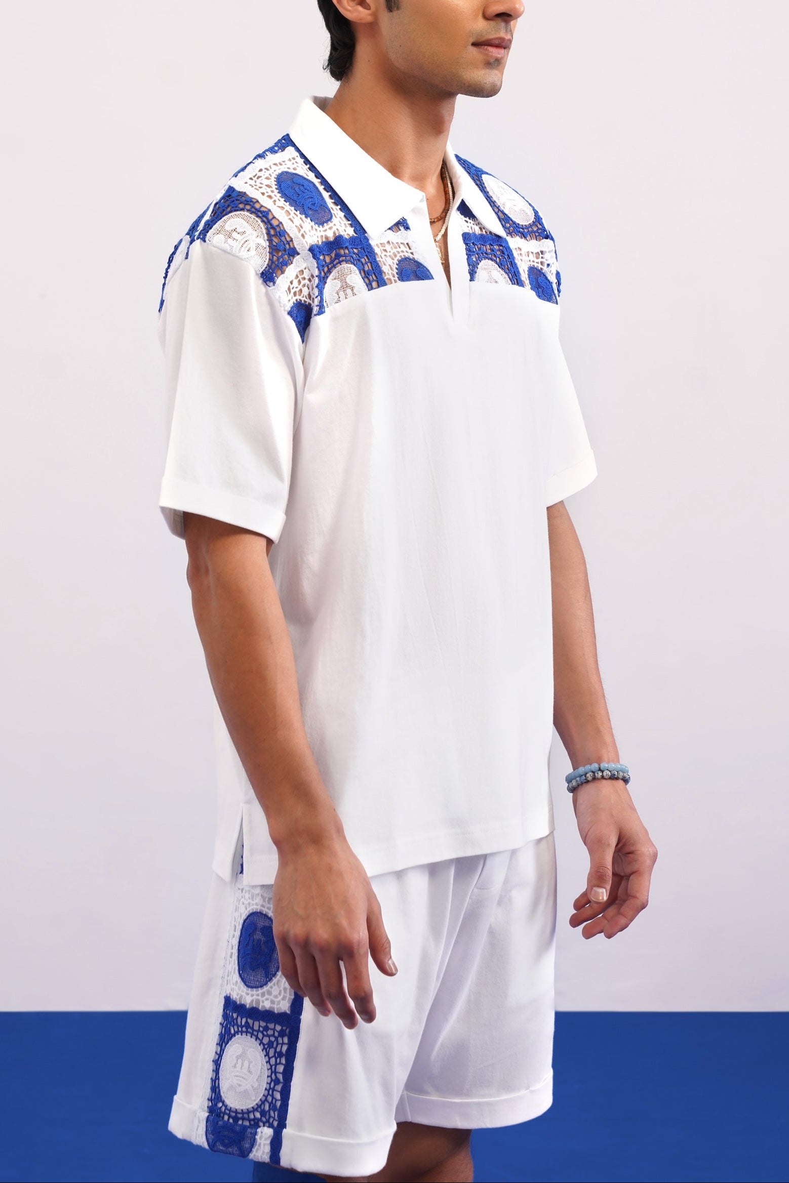 KRAB CREST GUIPURE COTTON KNIT T-SHIRT - COBALT PEARL