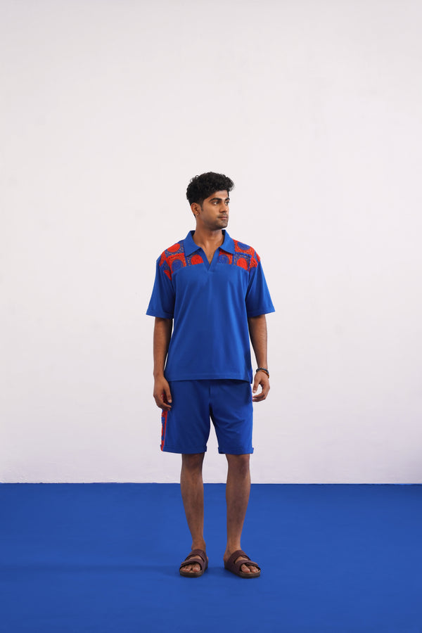 KRAB CREST GUIPURE COTTON KNIT CO-ORD SET - COBALT EMBER