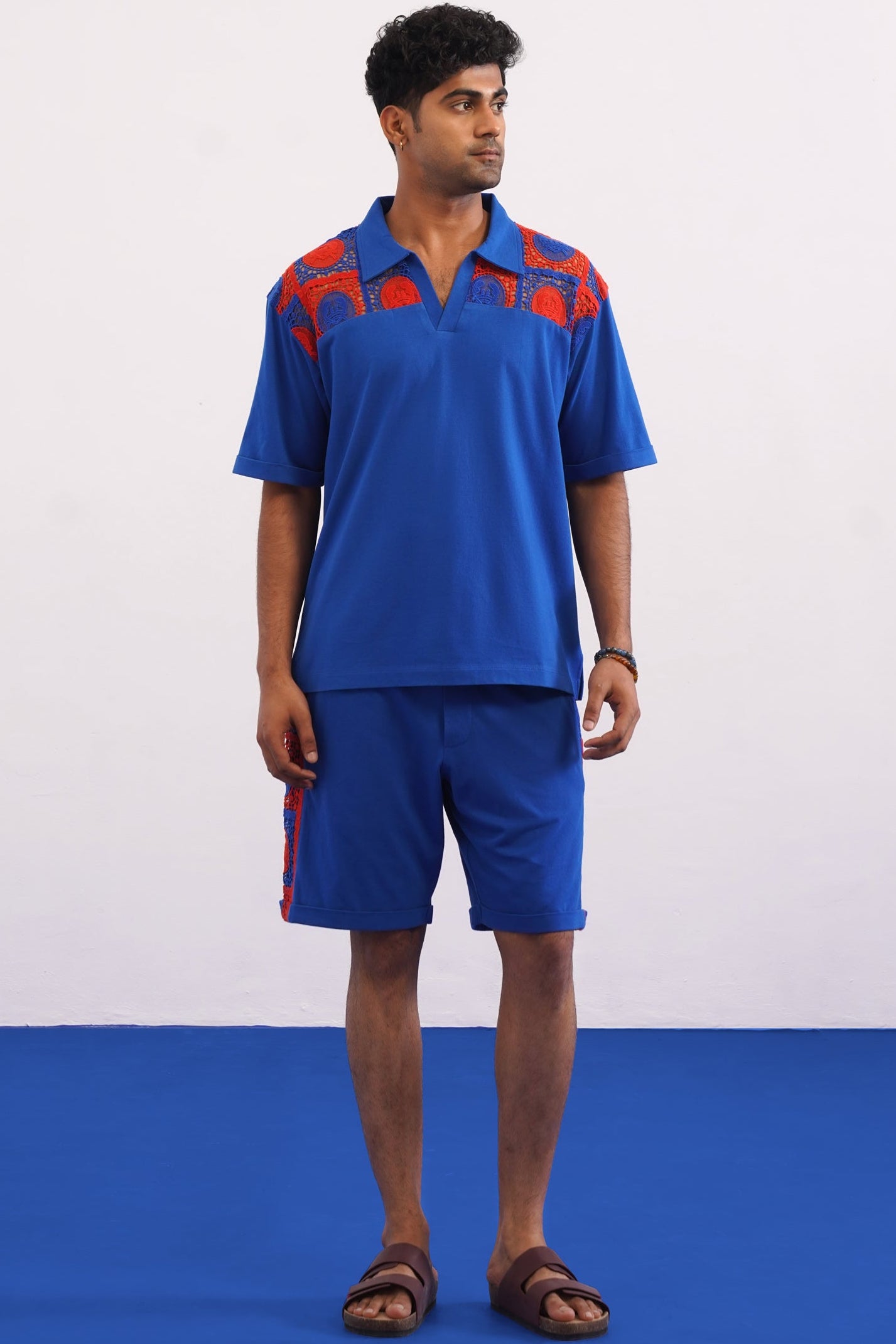 KRAB CREST GUIPURE COTTON KNIT CO-ORD SET - COBALT EMBER