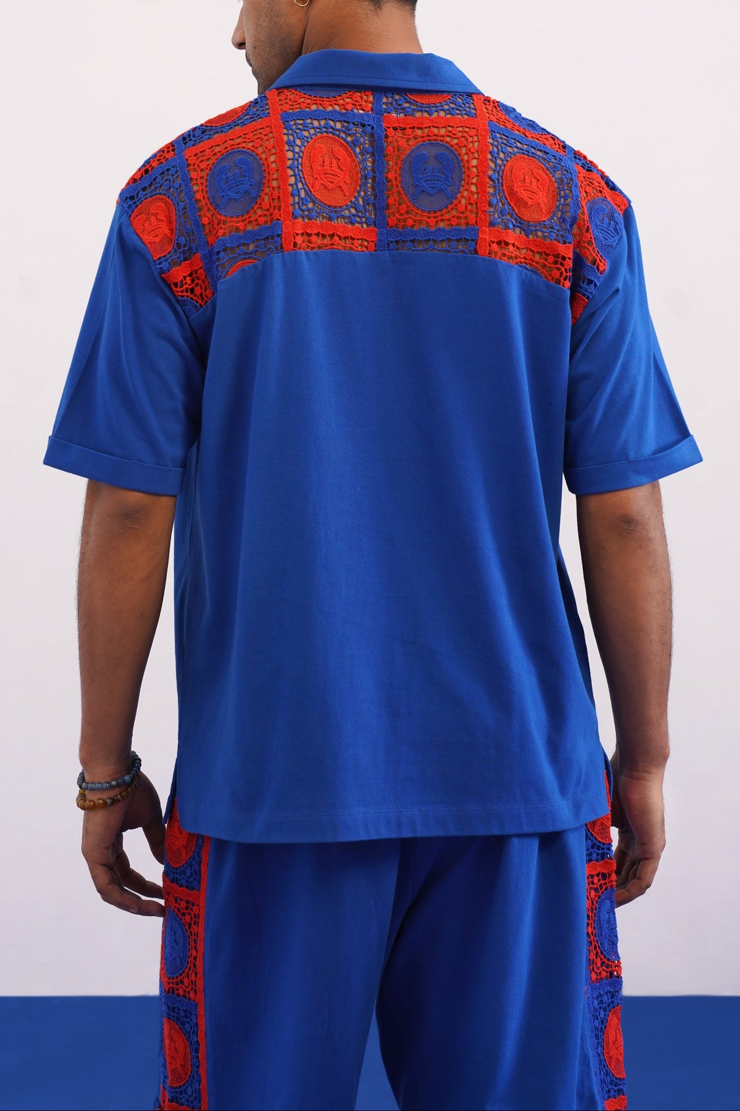 KRAB CREST GUIPURE COTTON KNIT CO-ORD SET - COBALT EMBER