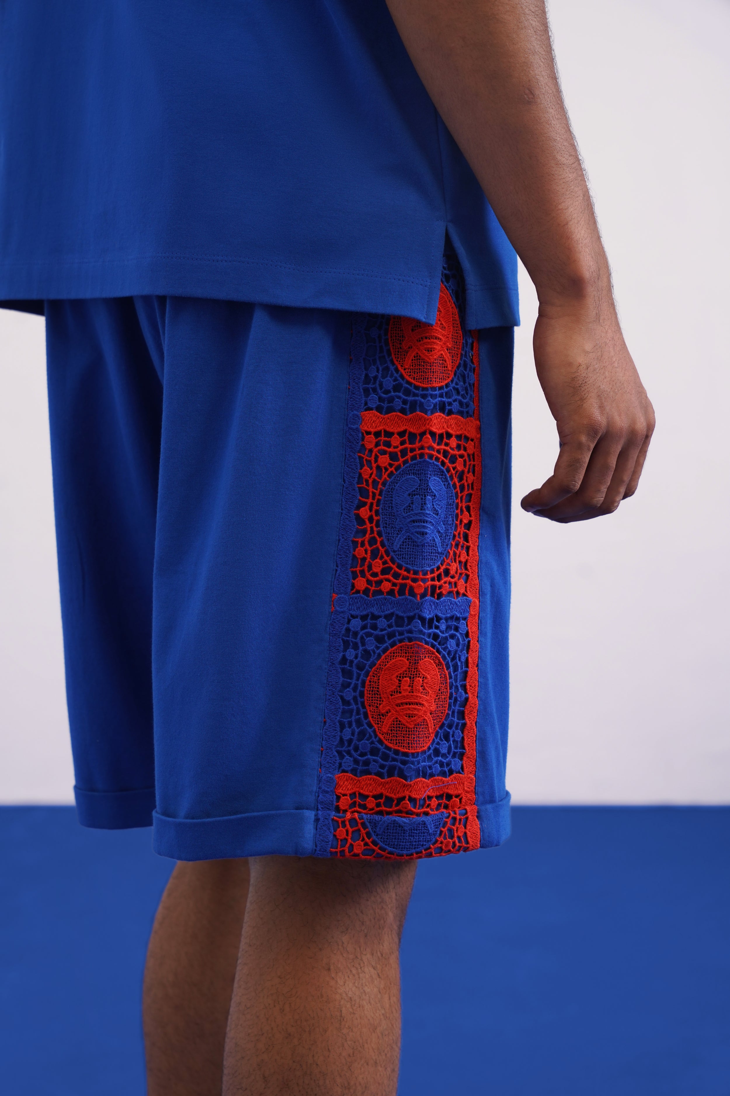 KRAB CREST GUIPURE COTTON KNIT SHORTS - COBALT EMBER