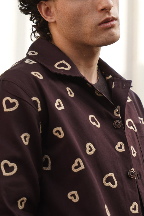 Winter Hearts Oversized Shacket (Espresso Beans with Ecru Hearts Embroidery)