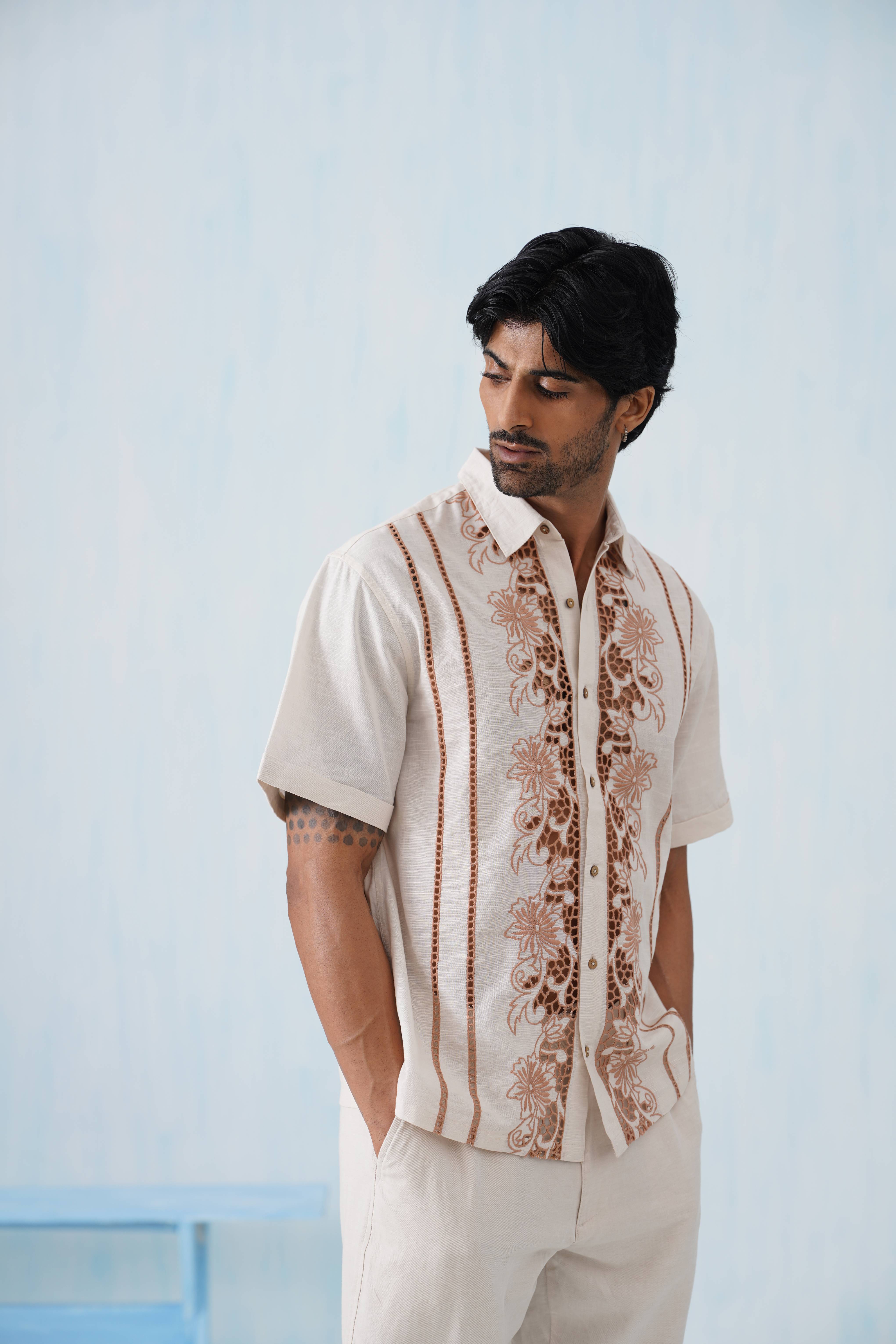 Twin Vines Cotton Linen Shirt (Sage Green)