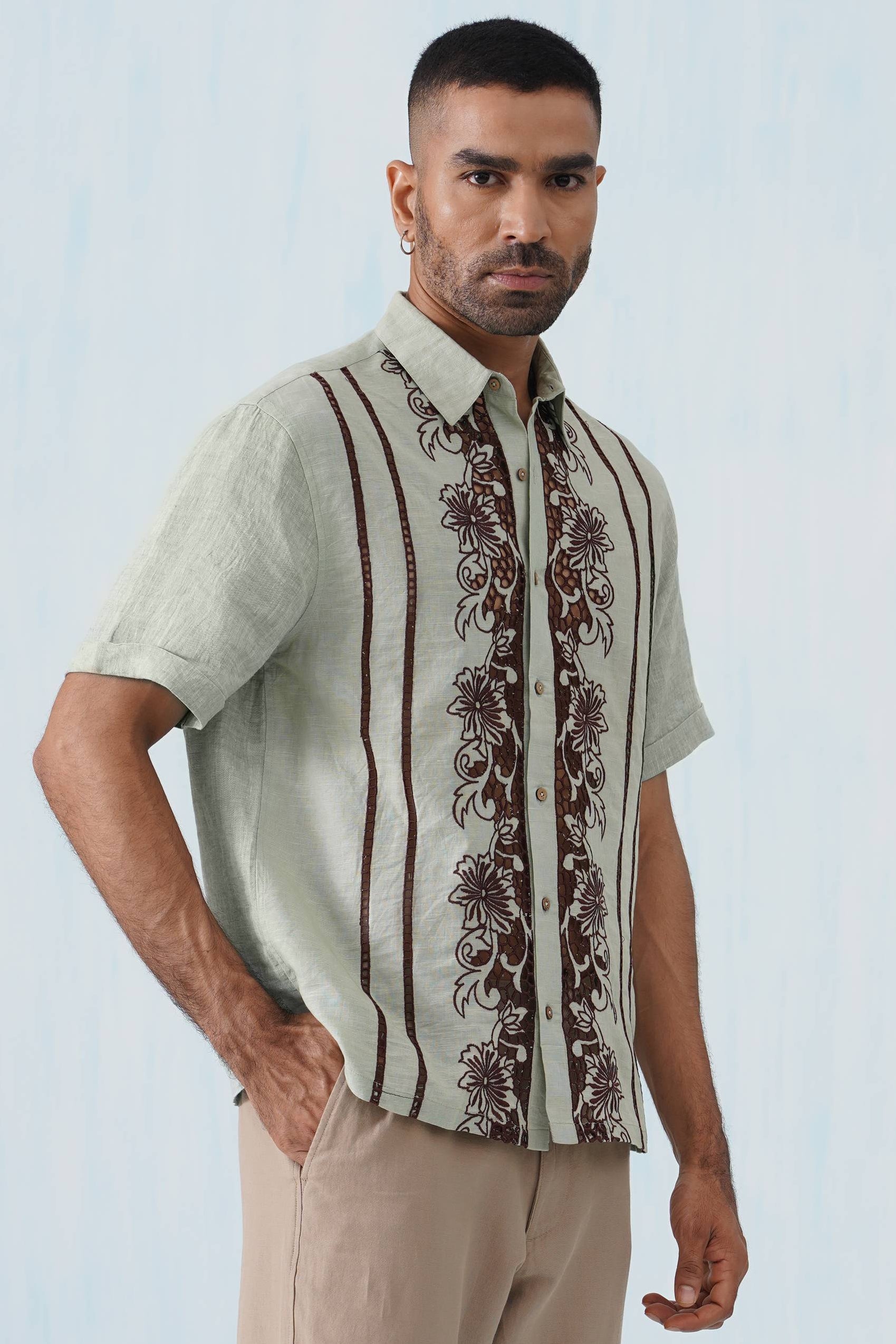 Twin Vines Cotton Linen Shirt (Sage Green)