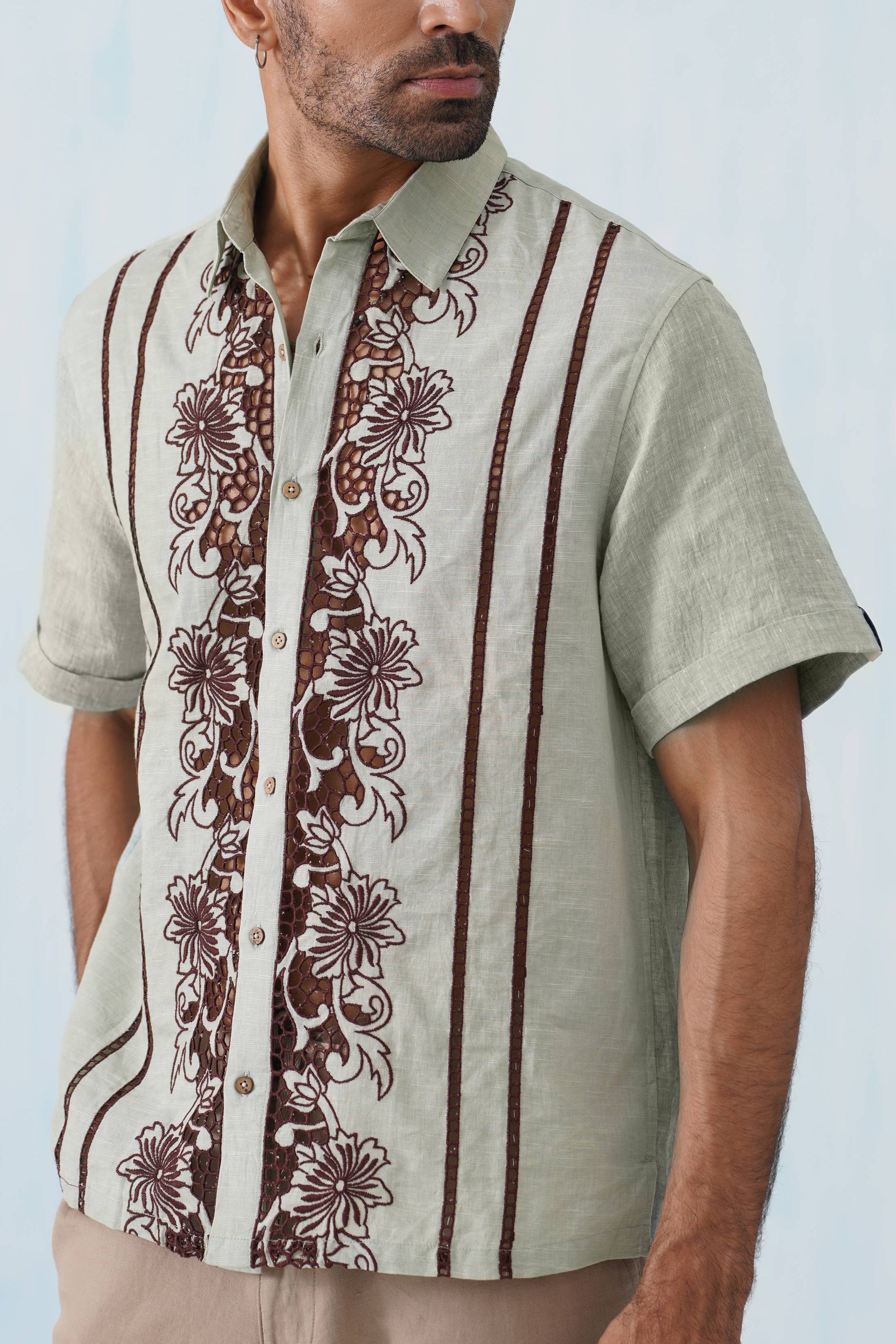 Twin Vines Cotton Linen Shirt (Sage Green)