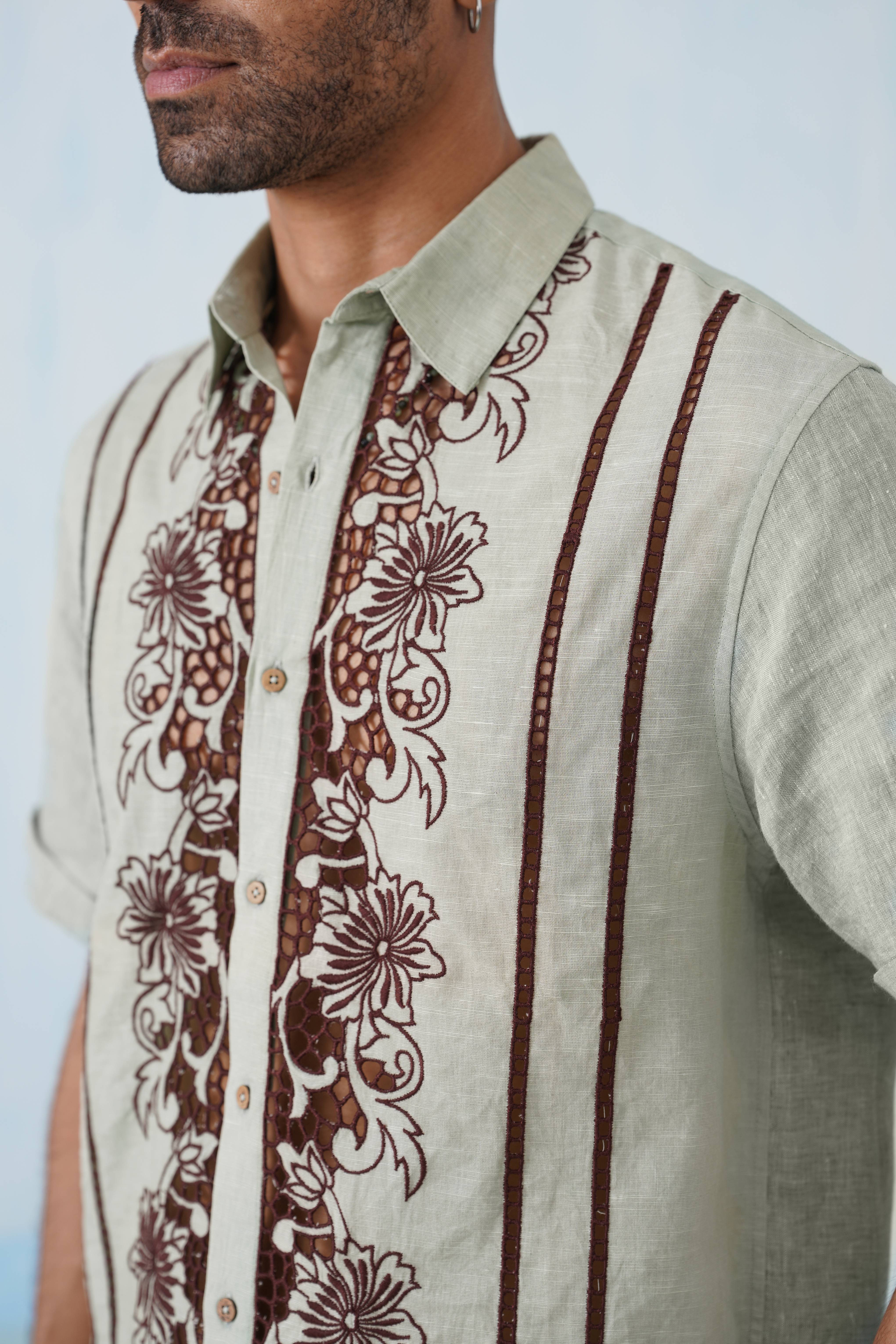 Twin Vines Cotton Linen Shirt (Sage Green)