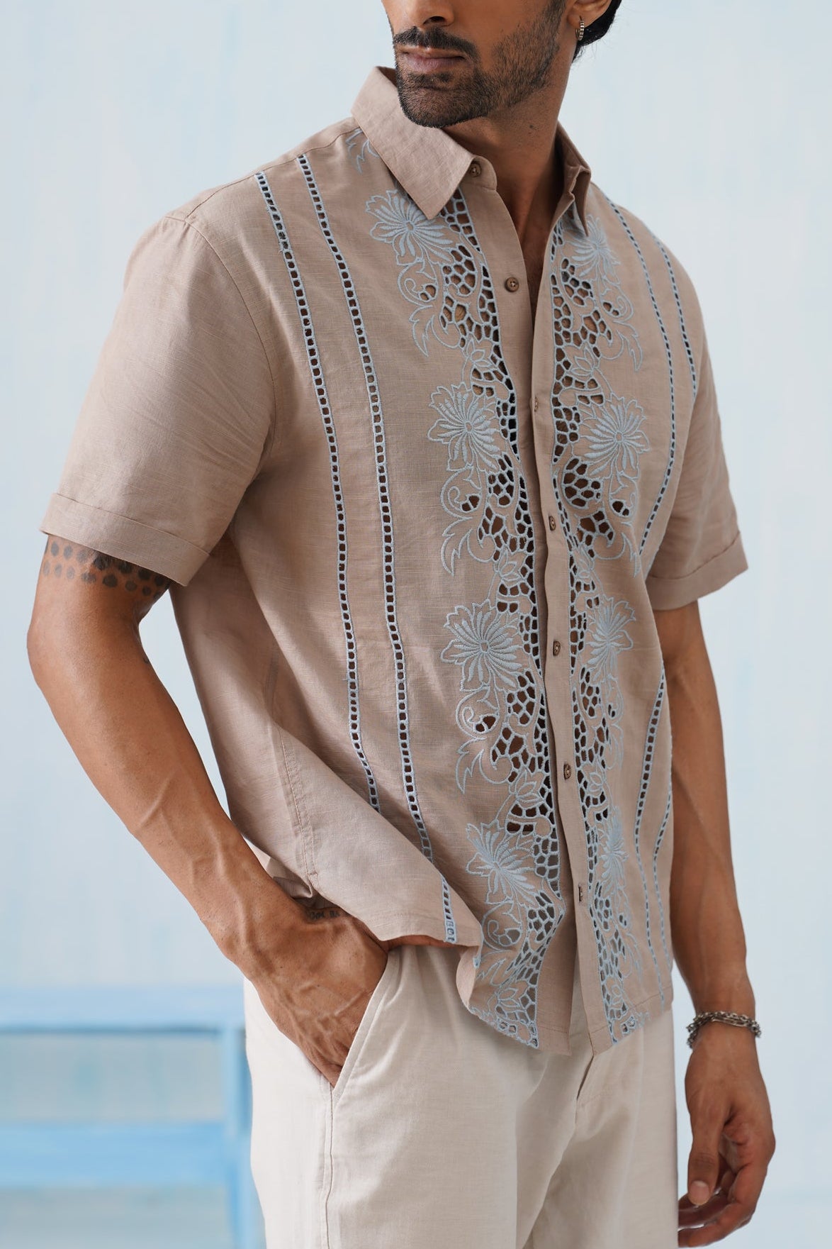 Twin Vines Cotton Linen Shirt (Sage Green)