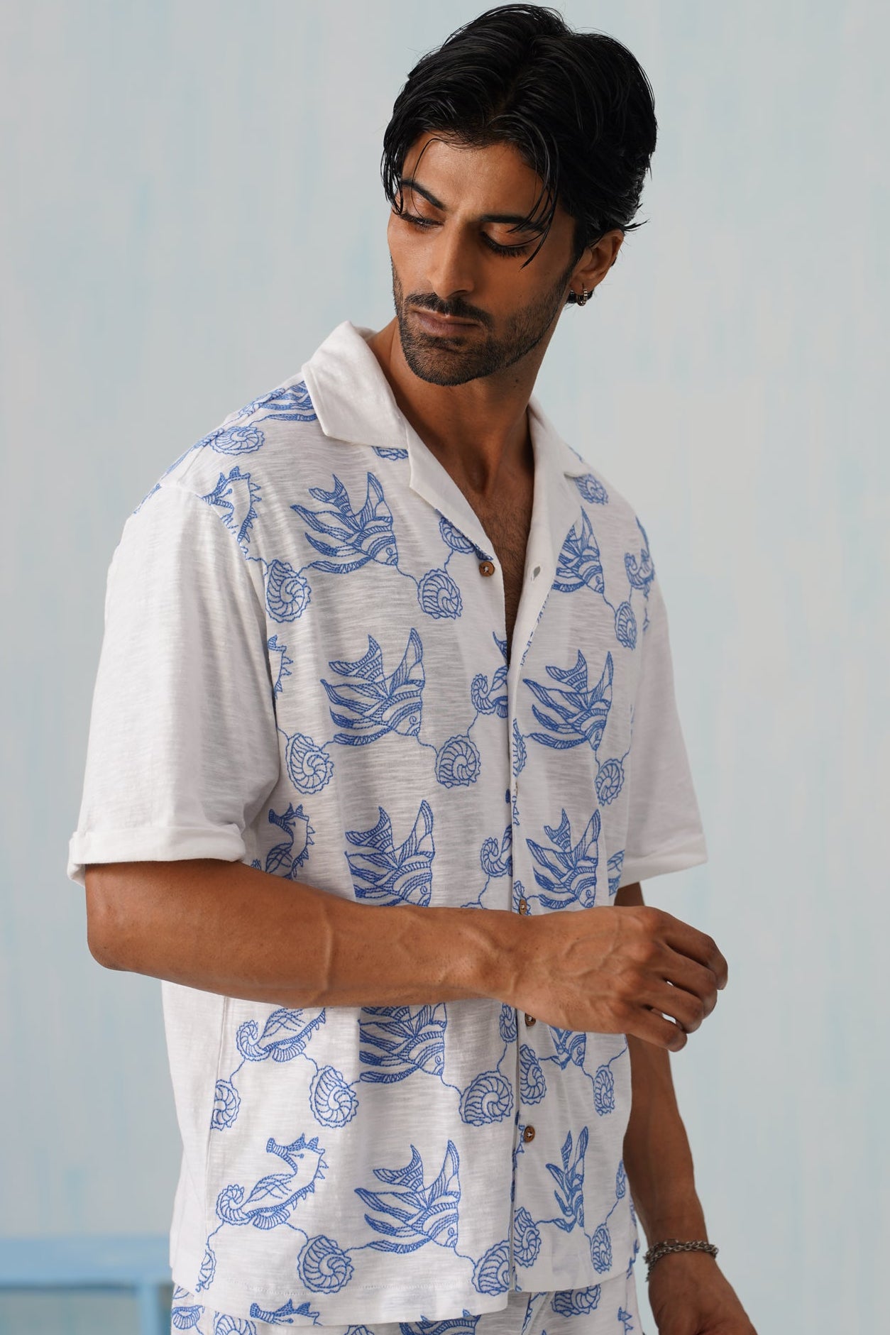 Tidal Tales Cotton Slub Knit Shirt (Ocean Blue)