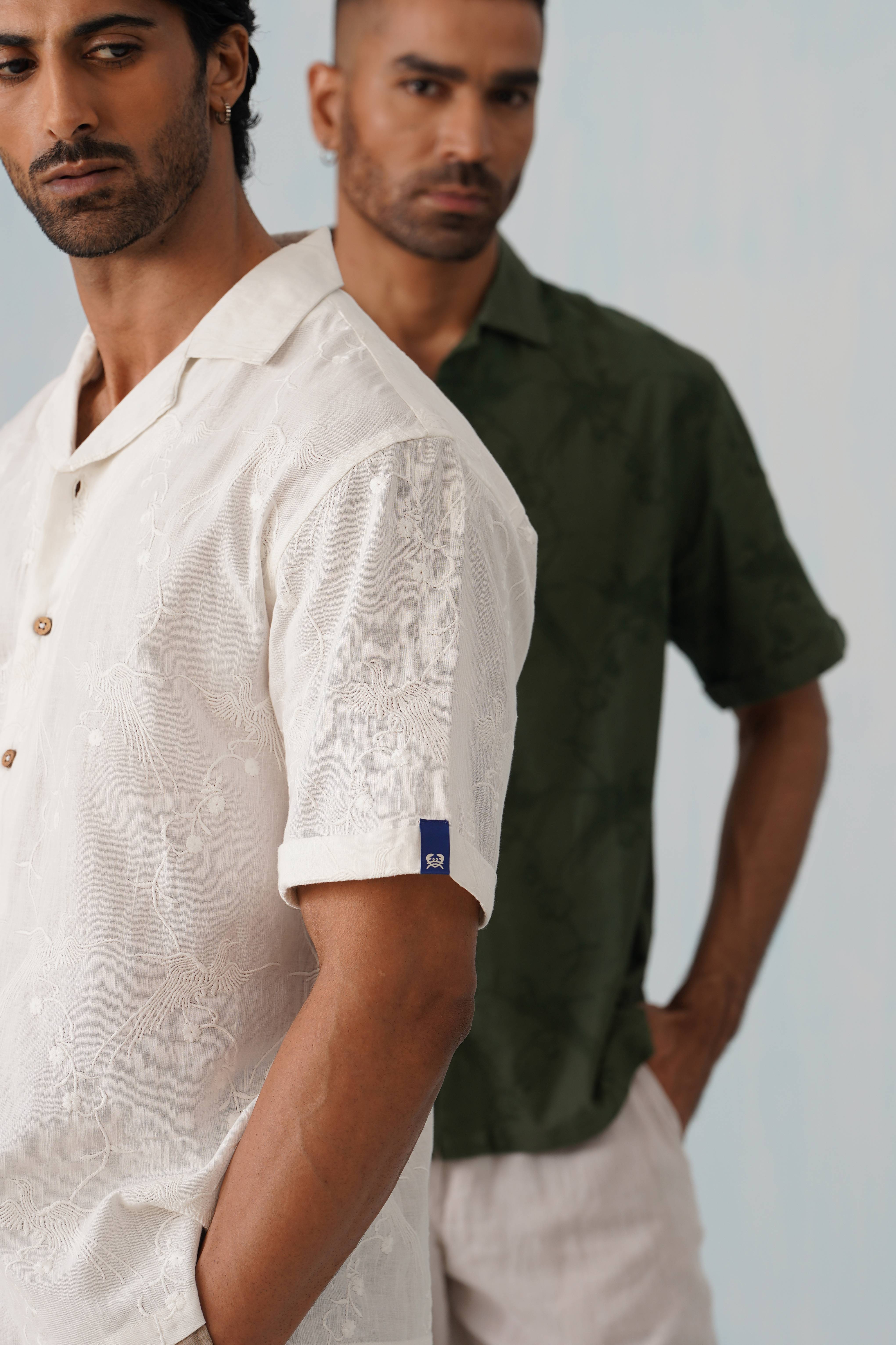 Plume & Bloom Cotton Linen Shirt (Navy Blue With Ivory Embroidery)