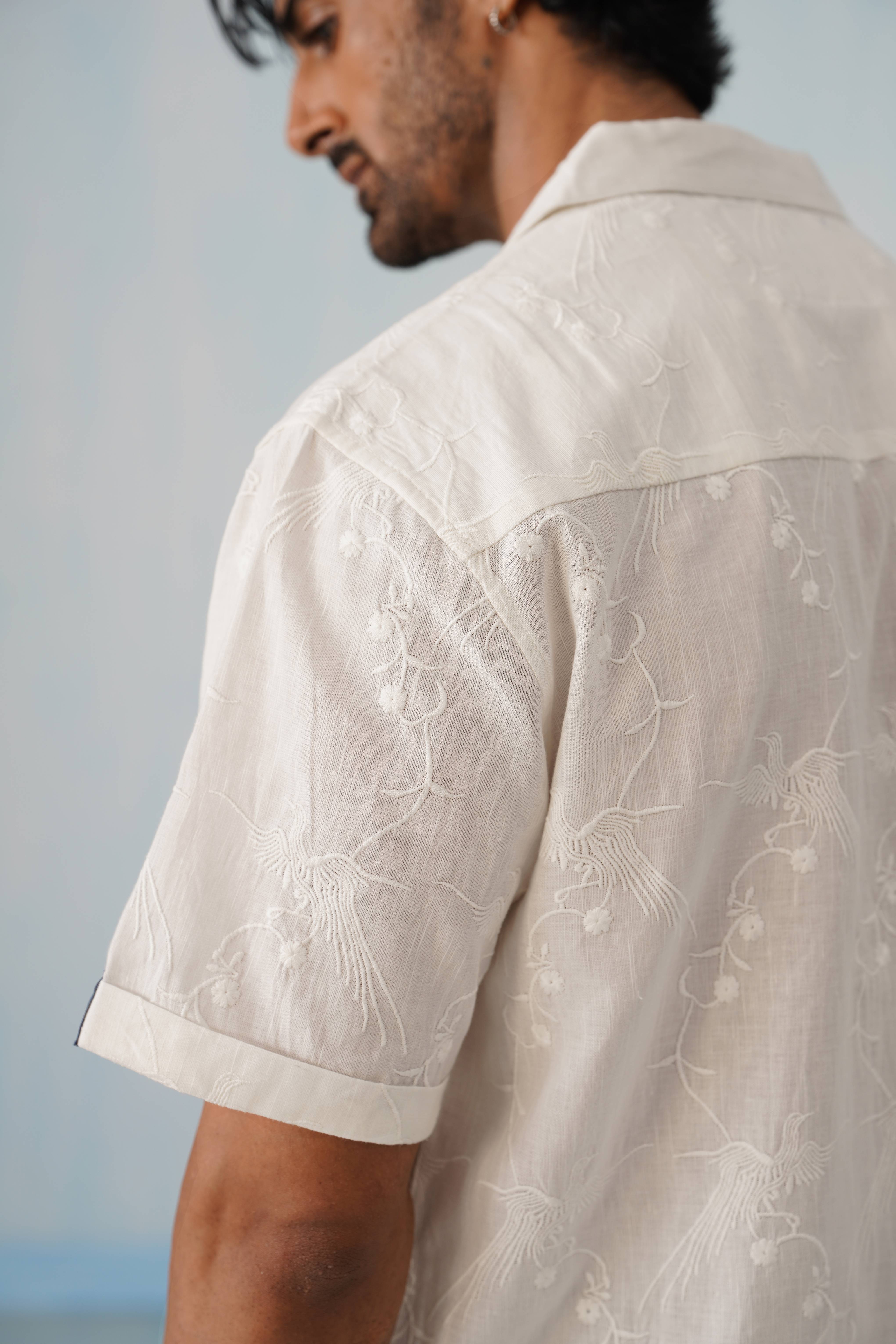 Plume & Bloom Cotton Linen Shirt (Navy Blue With Ivory Embroidery)