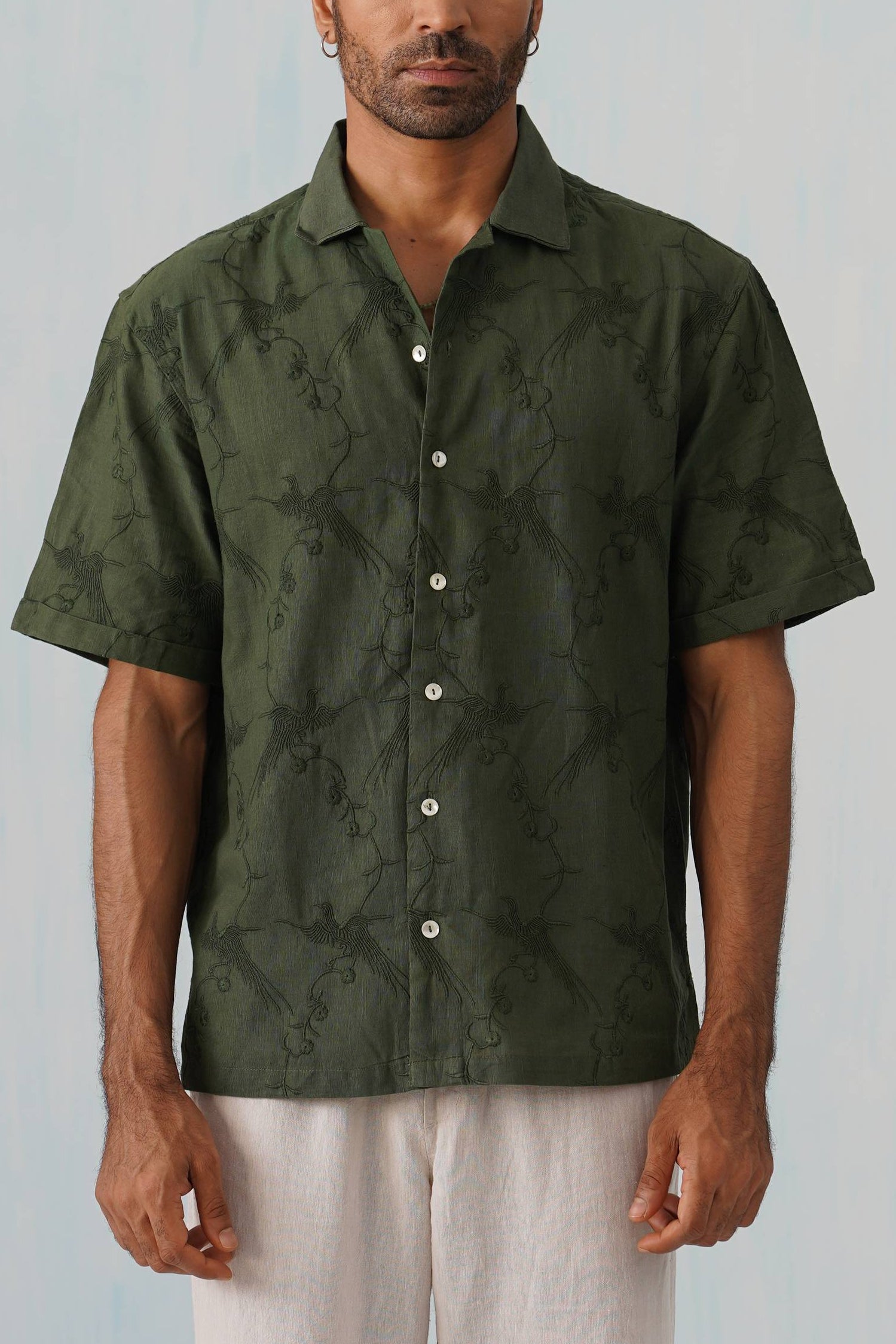 Plume & Bloom Cotton Linen Shirt (Navy Blue With Ivory Embroidery)