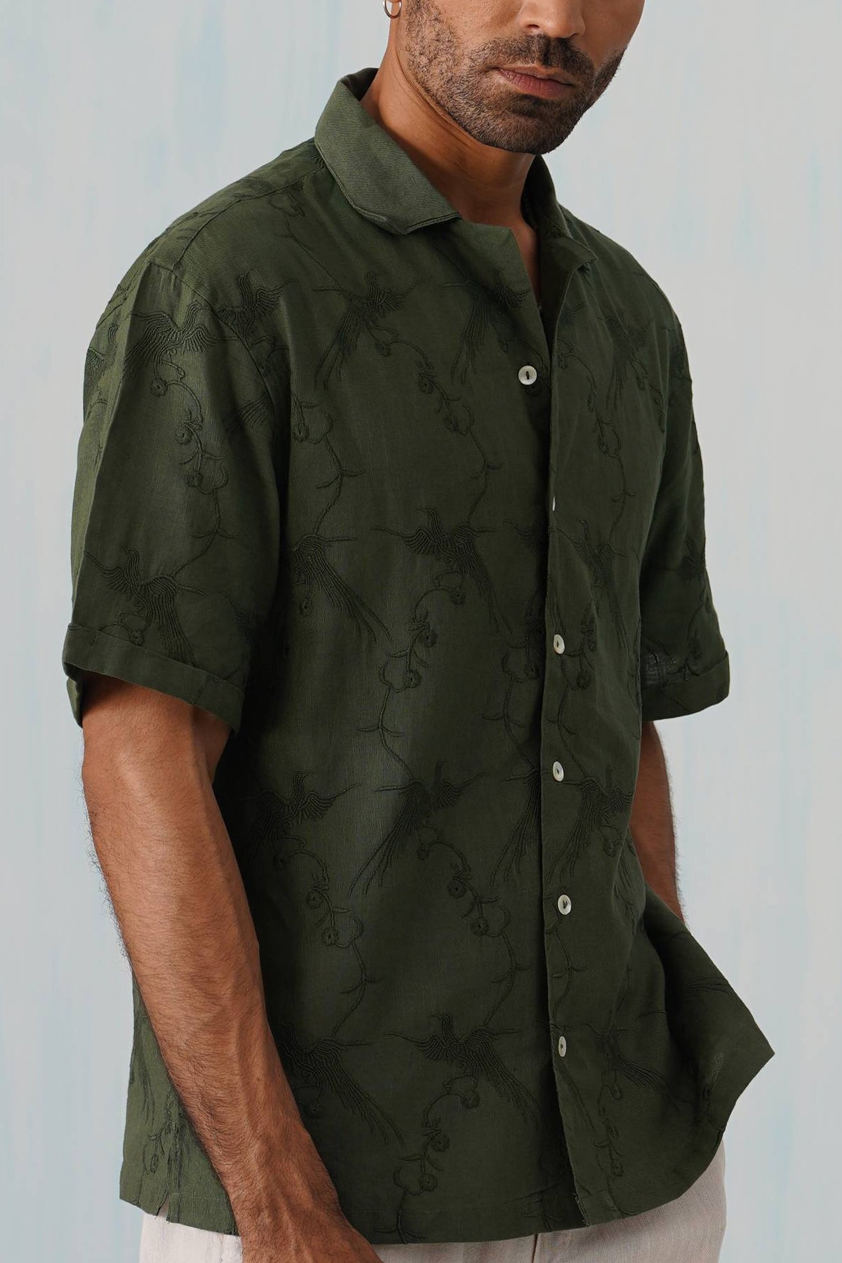 Plume & Bloom Cotton Linen Shirt (Navy Blue With Ivory Embroidery)