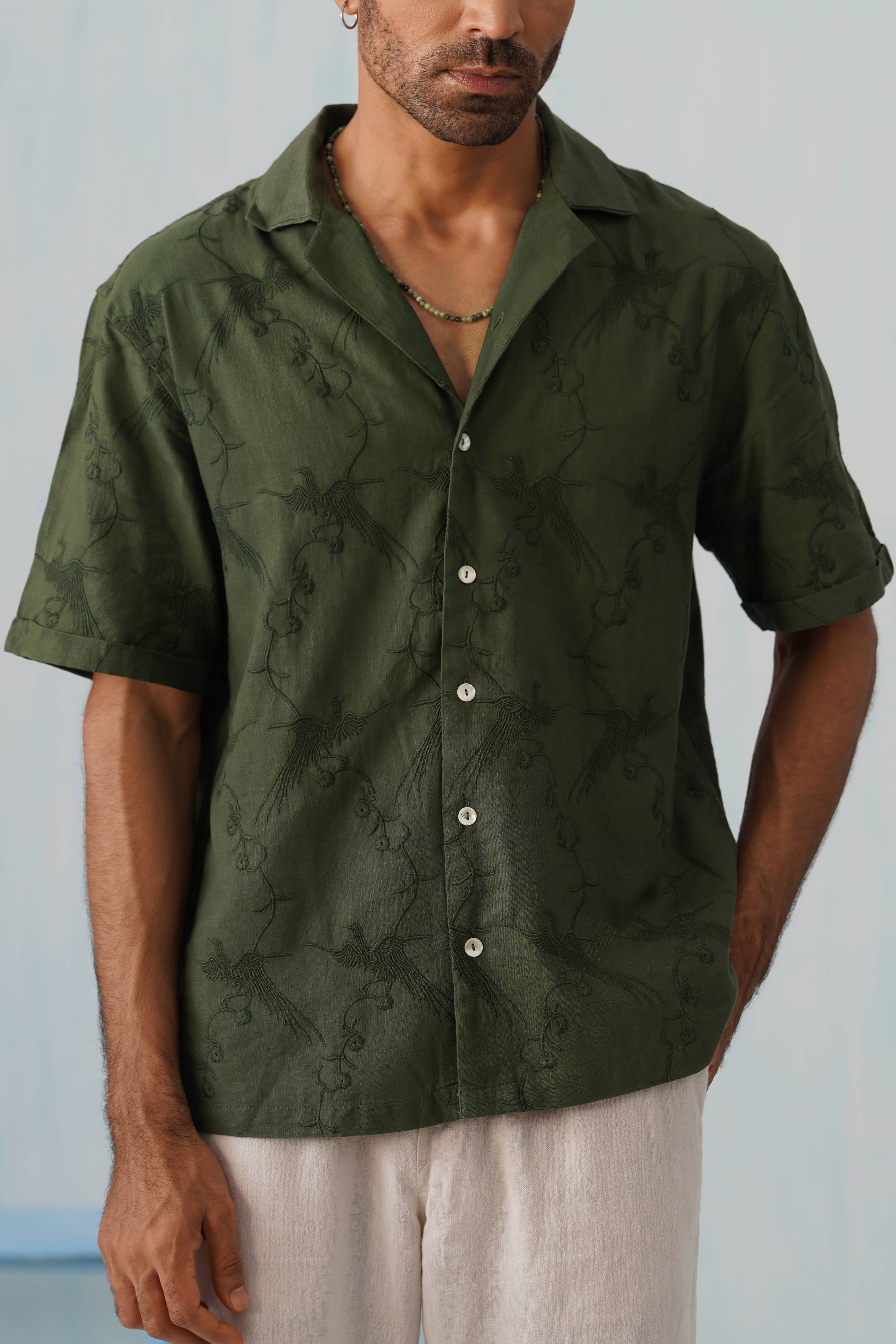 Plume & Bloom Cotton Linen Shirt (Navy Blue With Ivory Embroidery)