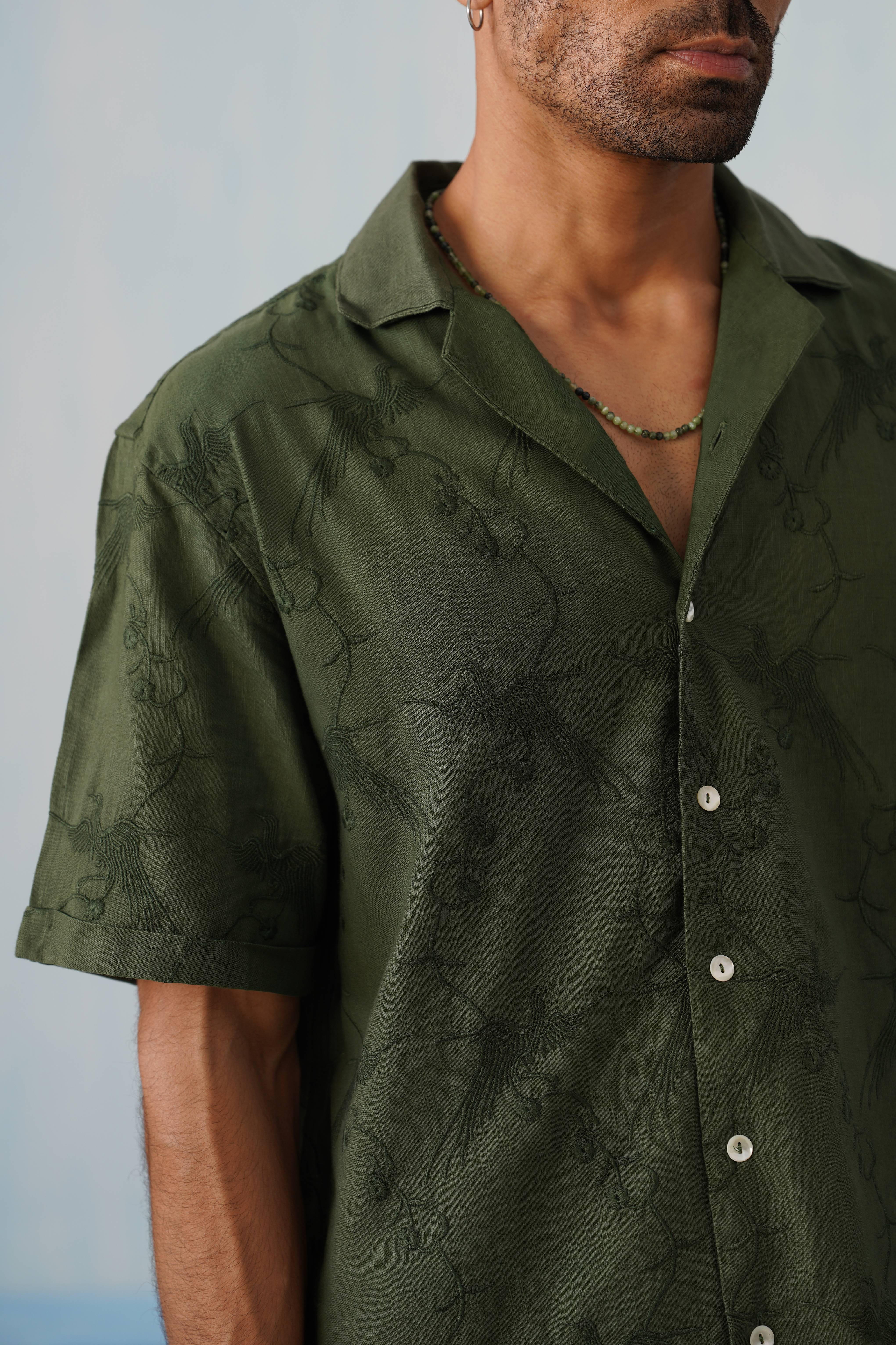 Plume & Bloom Cotton Linen Shirt (Forest Green)