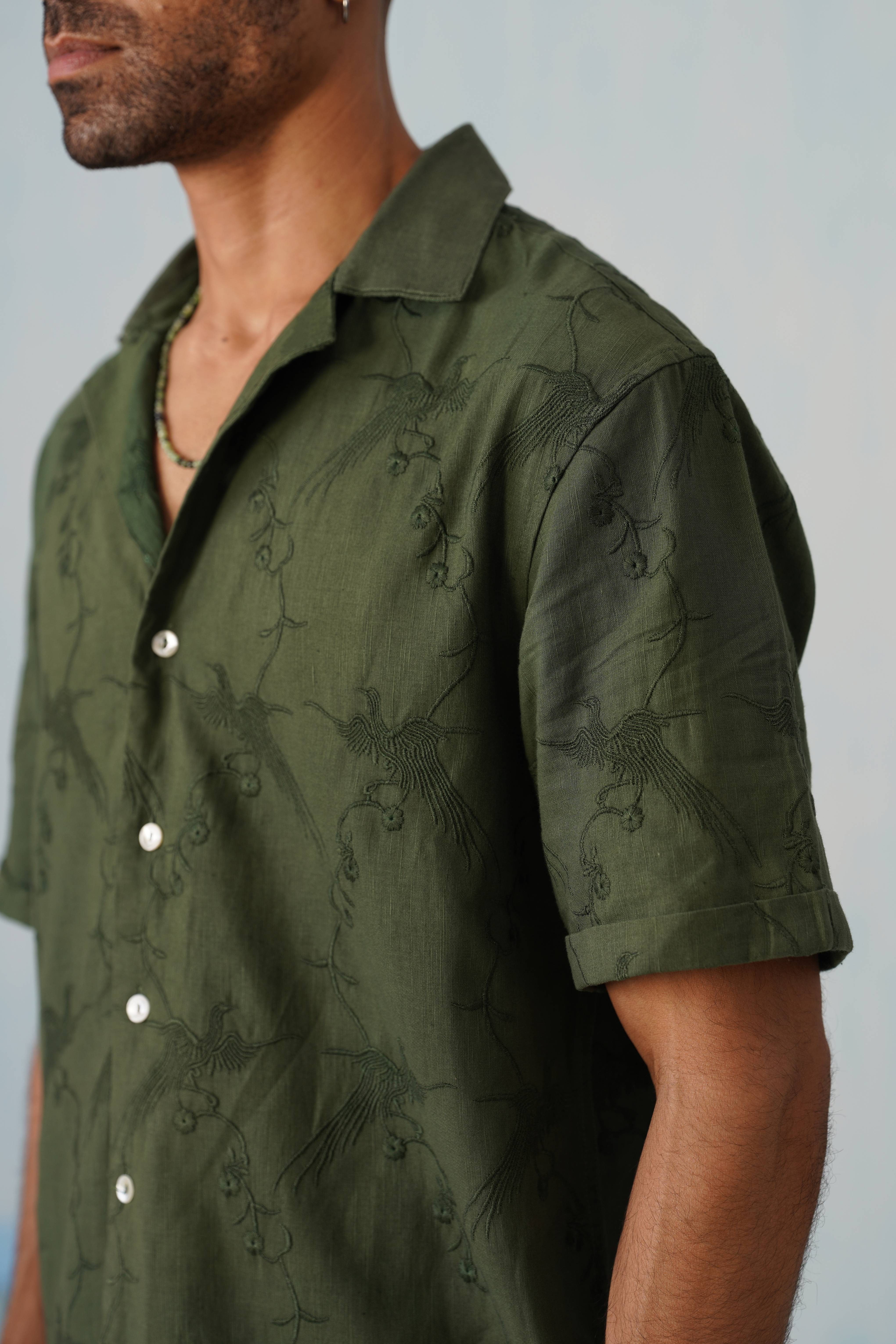 Plume & Bloom Cotton Linen Shirt (Navy Blue With Ivory Embroidery)