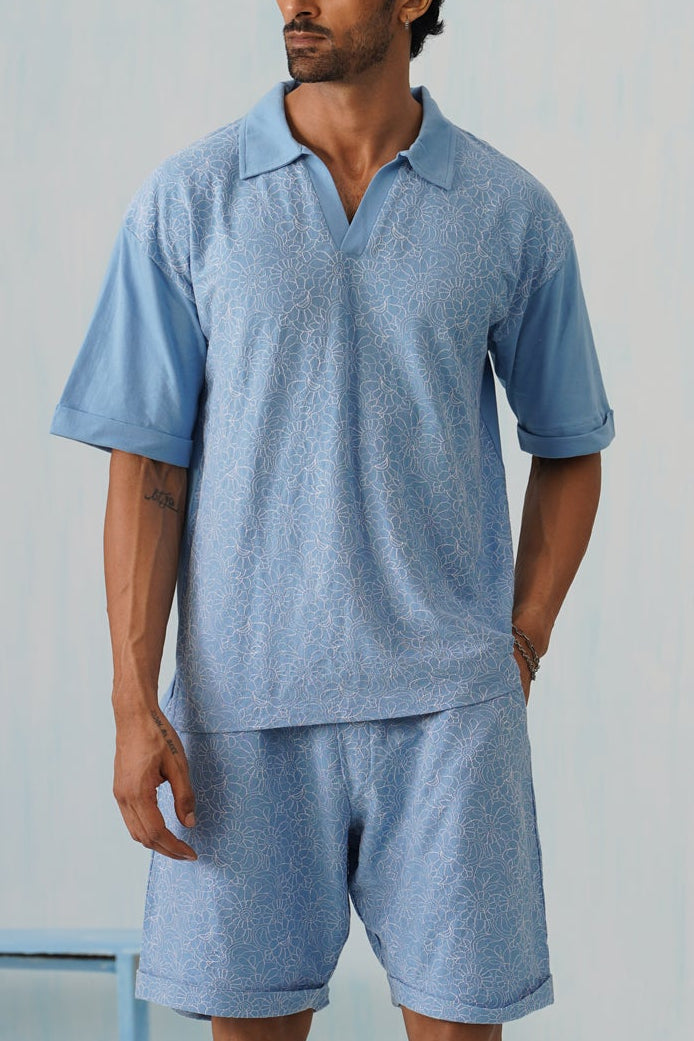 Shady Blooms Cotton Knit Co-ord Set (Sky Blue)