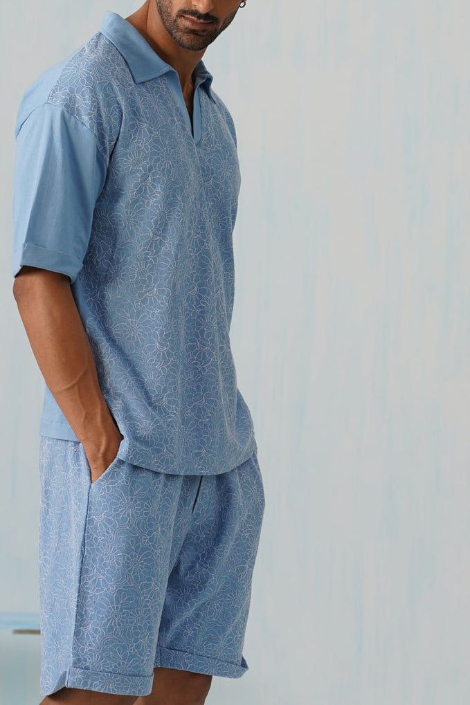 Shady Blooms Cotton Knit Co-ord Set (Sky Blue)