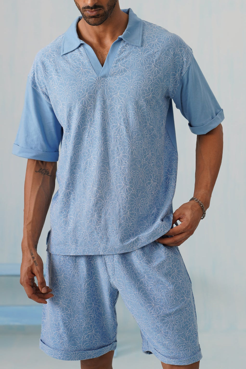 Shady Blooms Cotton Knit Co-ord Set (Sky Blue)