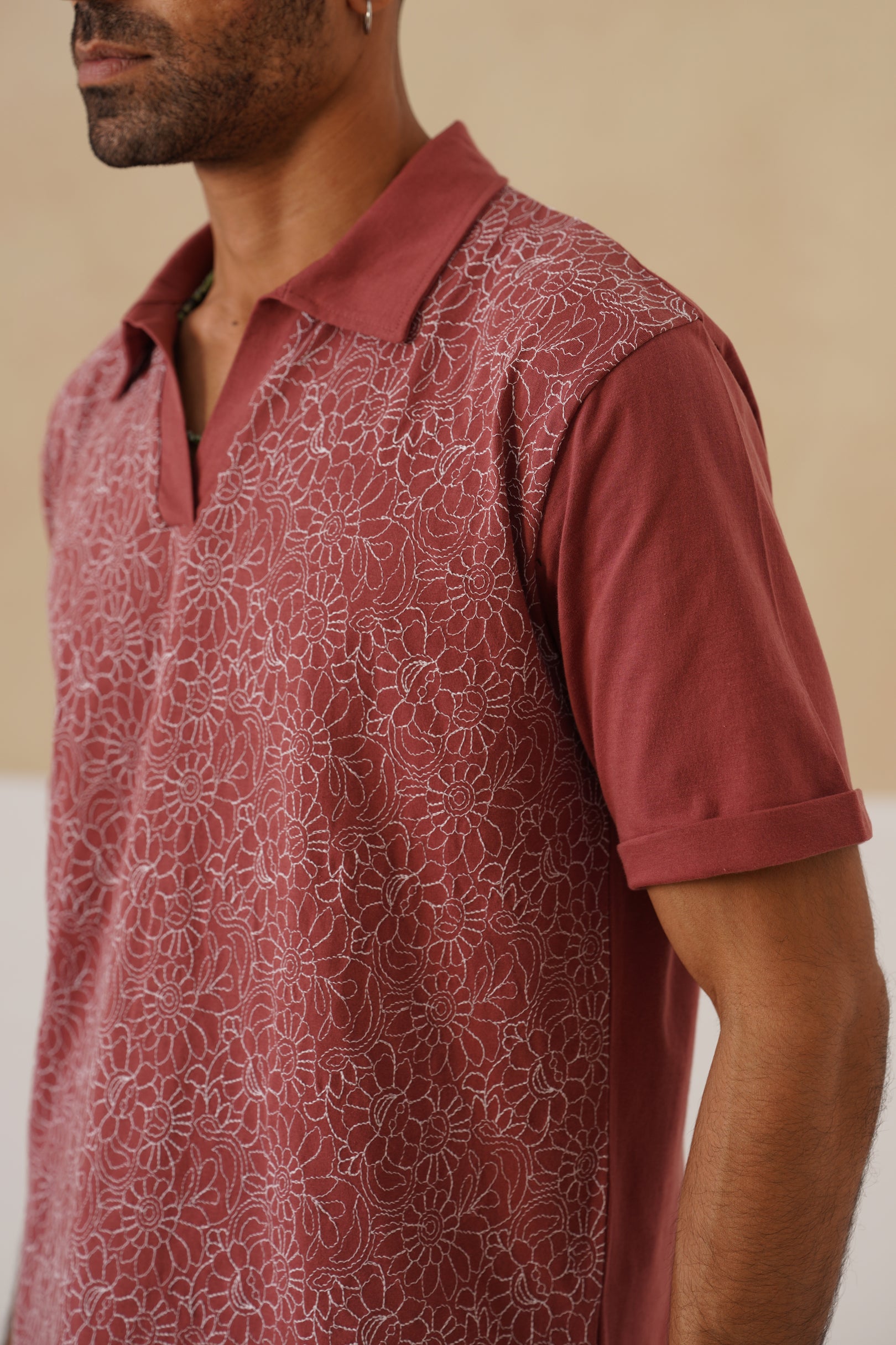 Shady Blooms Cotton Knit T-Shirt (Maroon)