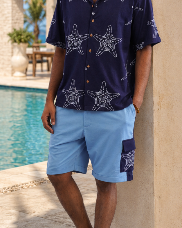 MARINER STAR COTTON KNIT SHORTS - DARK INDIGO/SKY BLUE